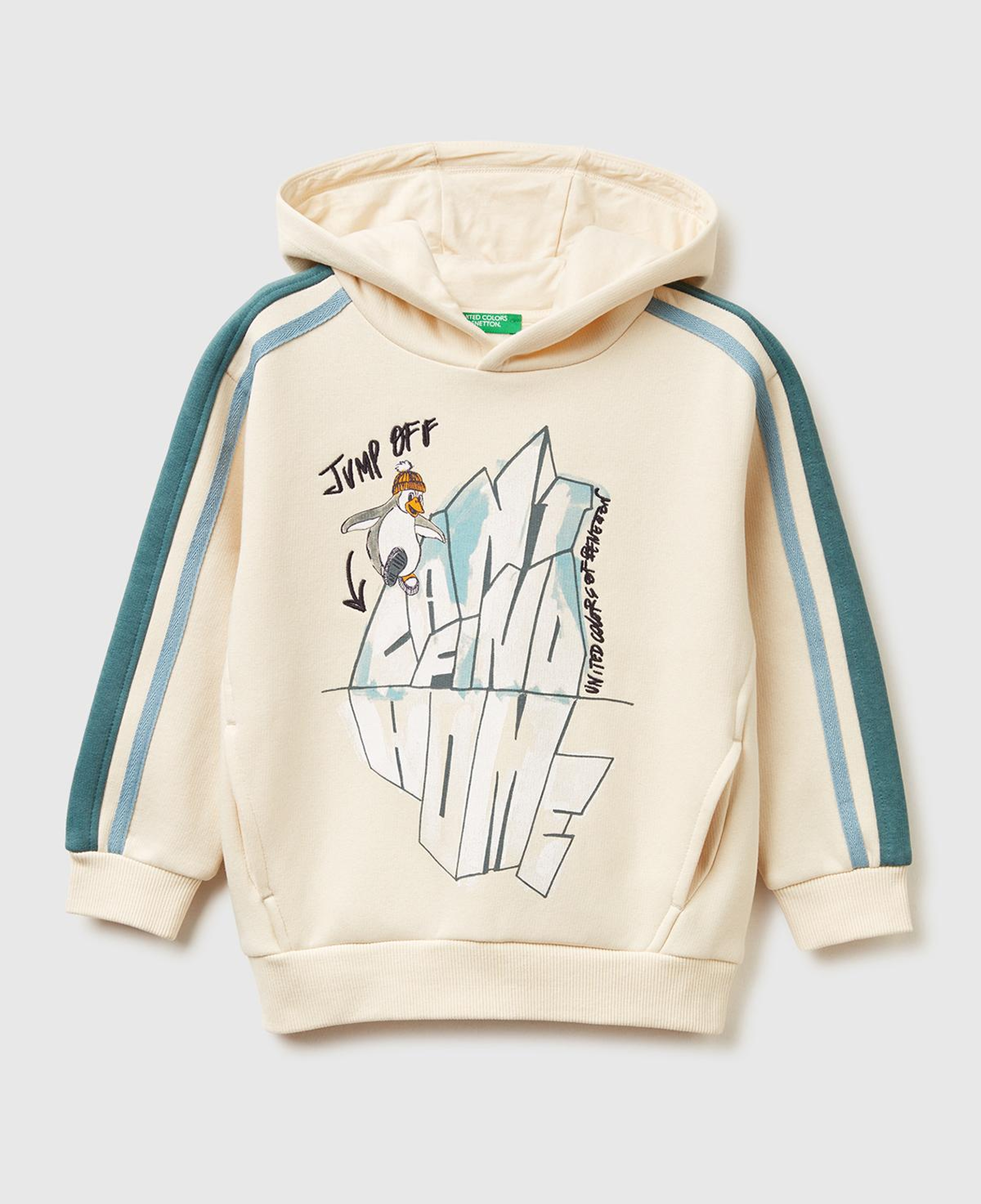 Erkek Çocuk Krem Önü Baskılı Kolları Şeritli Kapüşonlu Şardonlu Sweatshirt