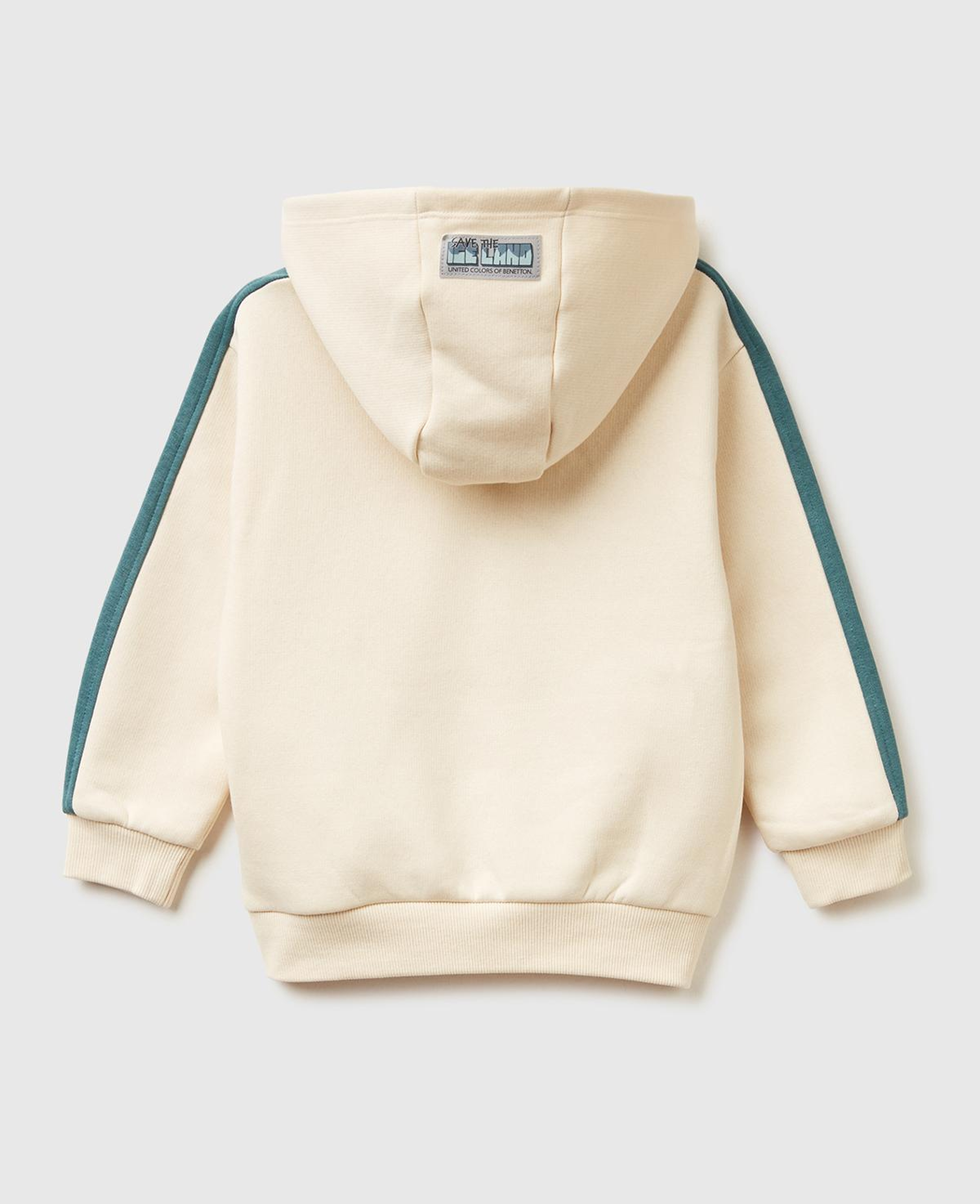 Erkek Çocuk Krem Önü Baskılı Kolları Şeritli Kapüşonlu Şardonlu Sweatshirt