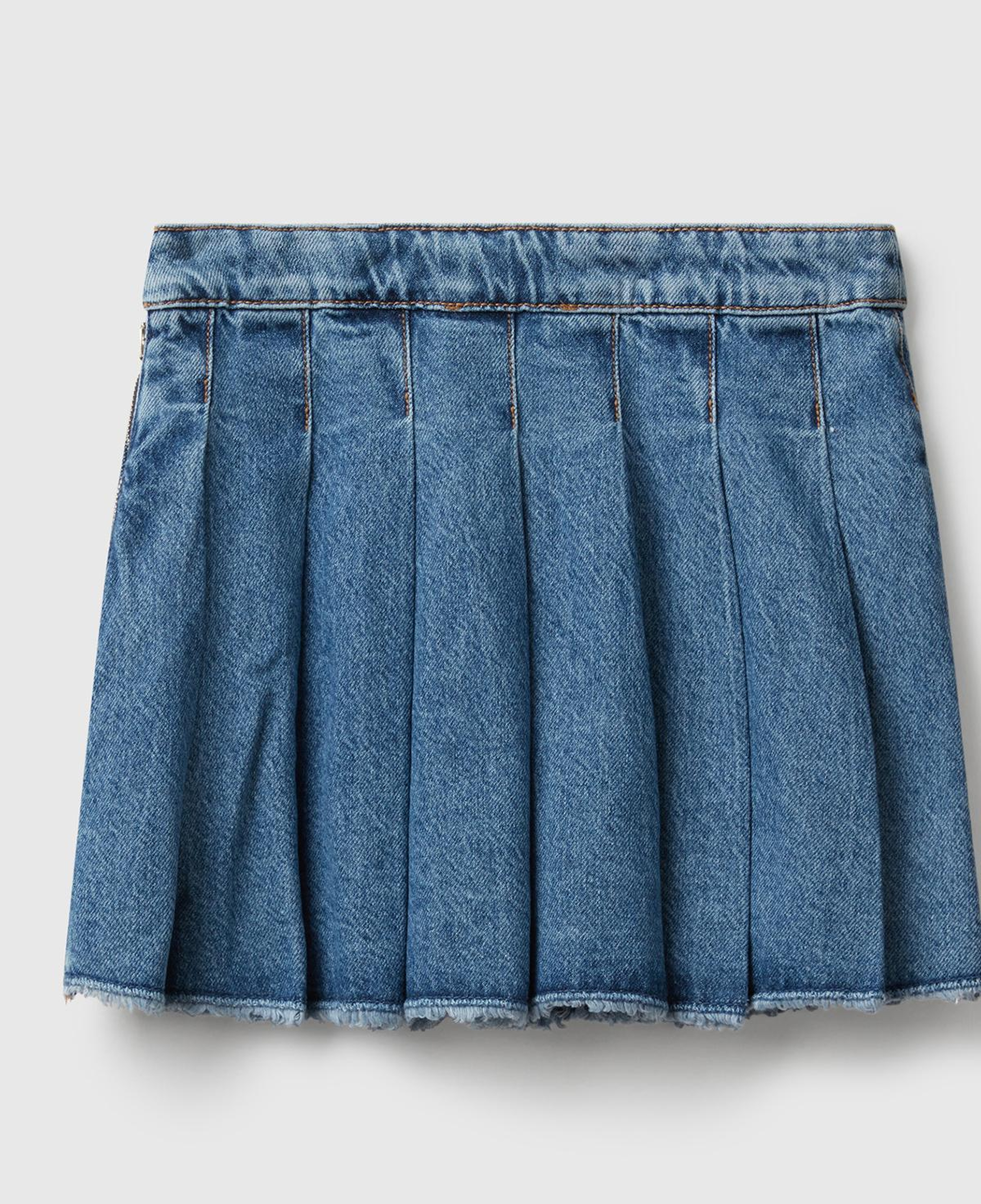 Kız Çocuk Koyu Mavi Taş Yıkama Pileli Yanı Fermuarlı Diz Üstü Denim Etek