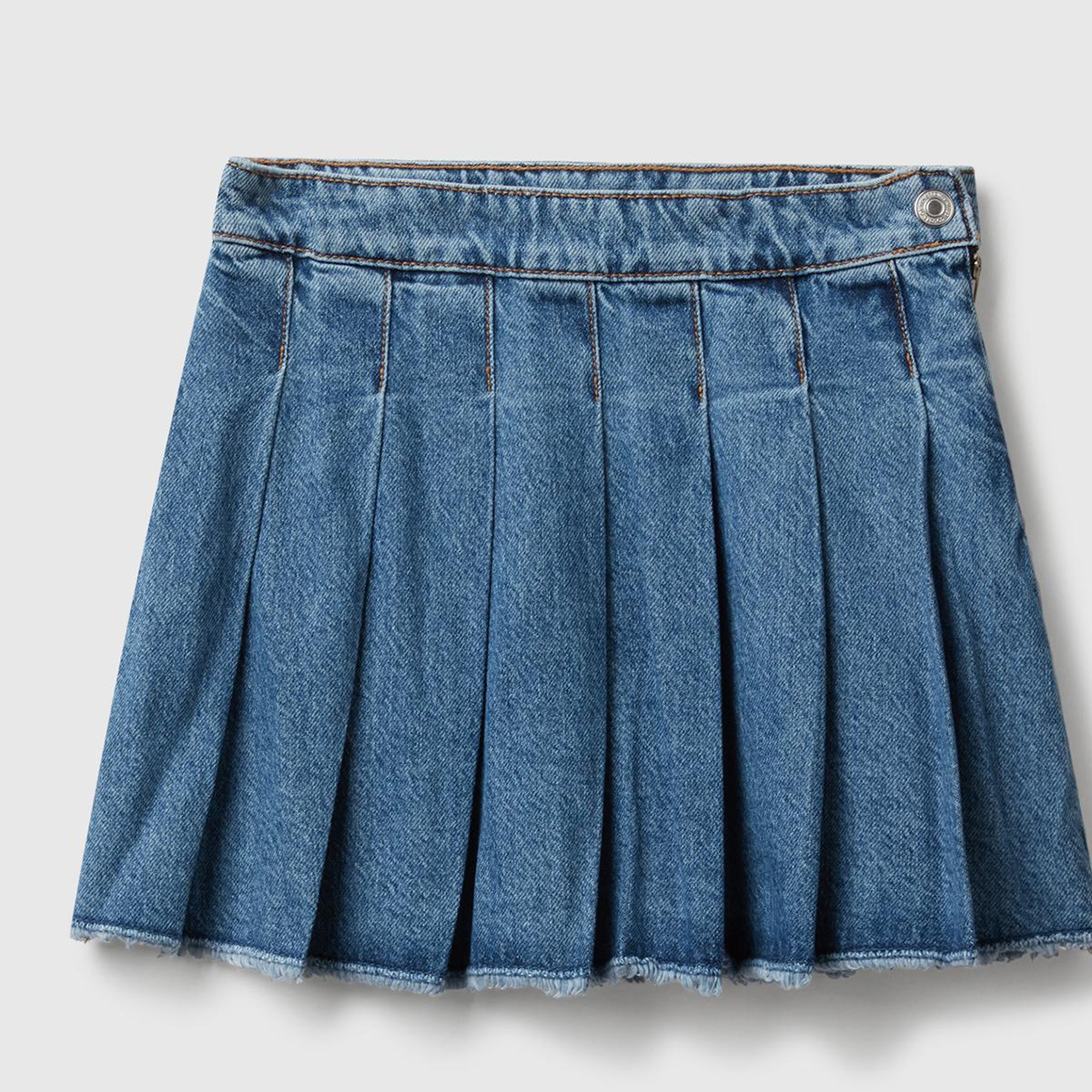 Kız Çocuk Koyu Mavi Taş Yıkama Pileli Yanı Fermuarlı Diz Üstü Denim Etek
