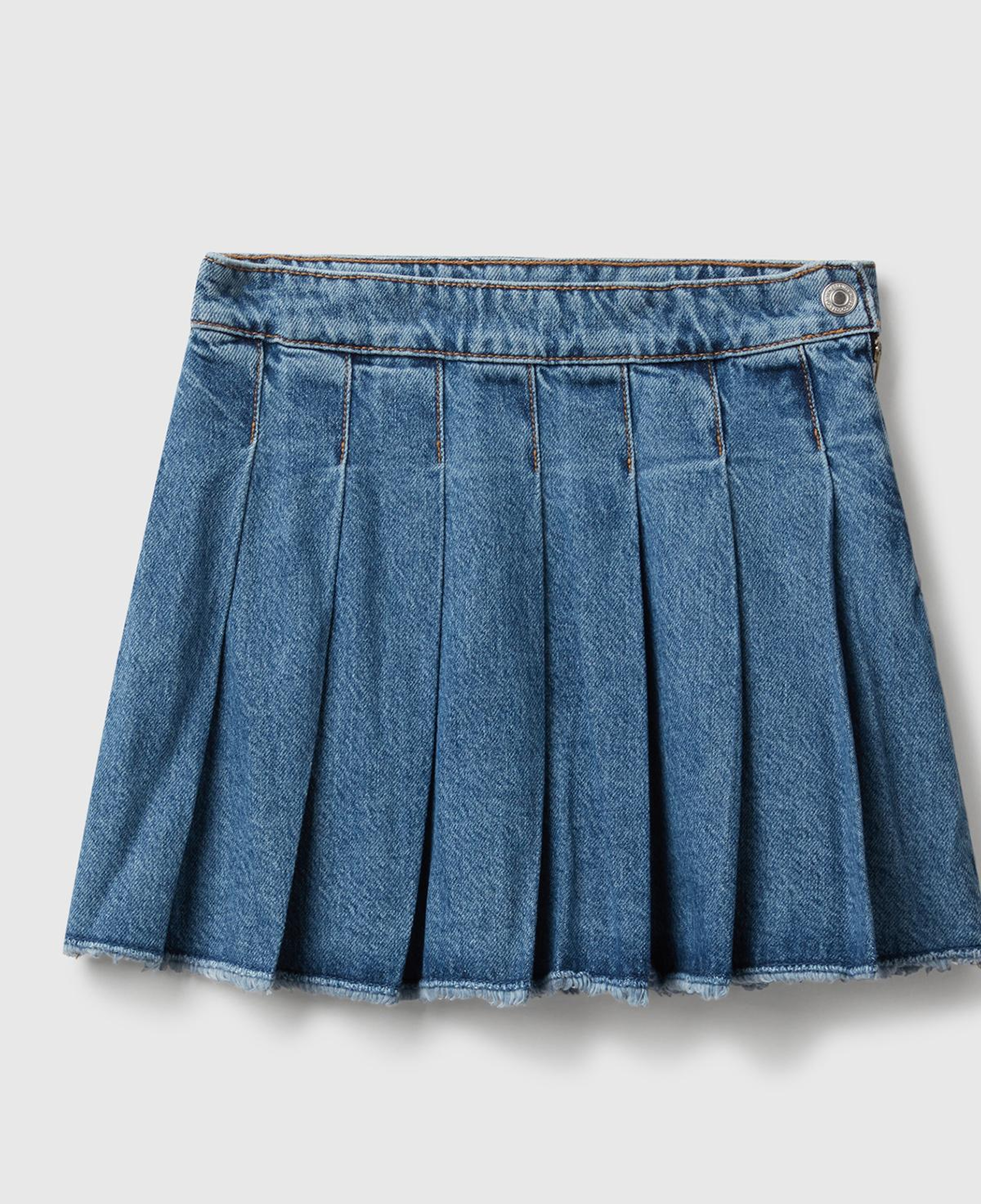 Kız Çocuk Koyu Mavi Taş Yıkama Pileli Yanı Fermuarlı Diz Üstü Denim Etek