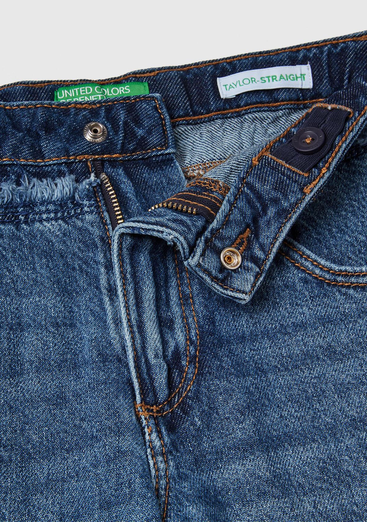 Kız Çocuk Koyu Mavi Taş Yıkama Logo İşleme Detaylı Straight Fit Denim Pantolon