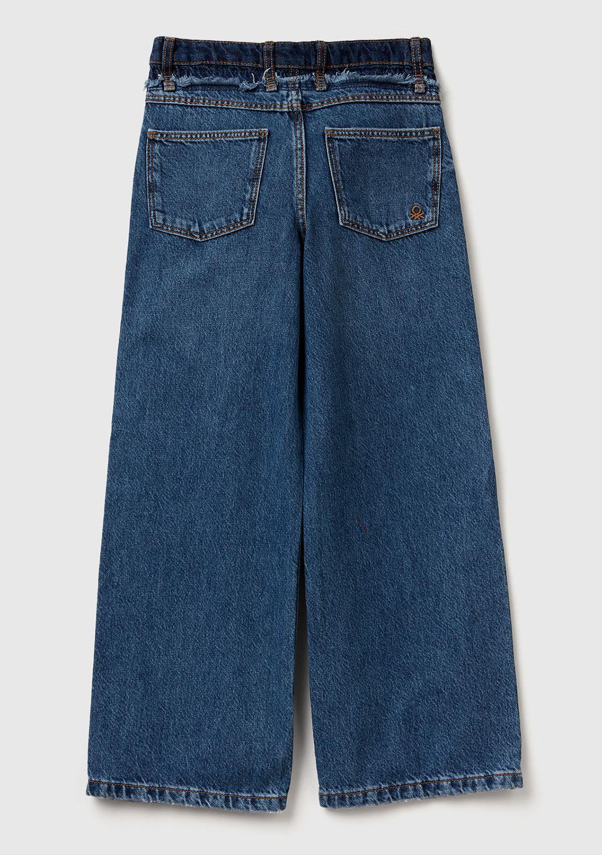 Kız Çocuk Koyu Mavi Taş Yıkama Logo İşleme Detaylı Straight Fit Denim Pantolon