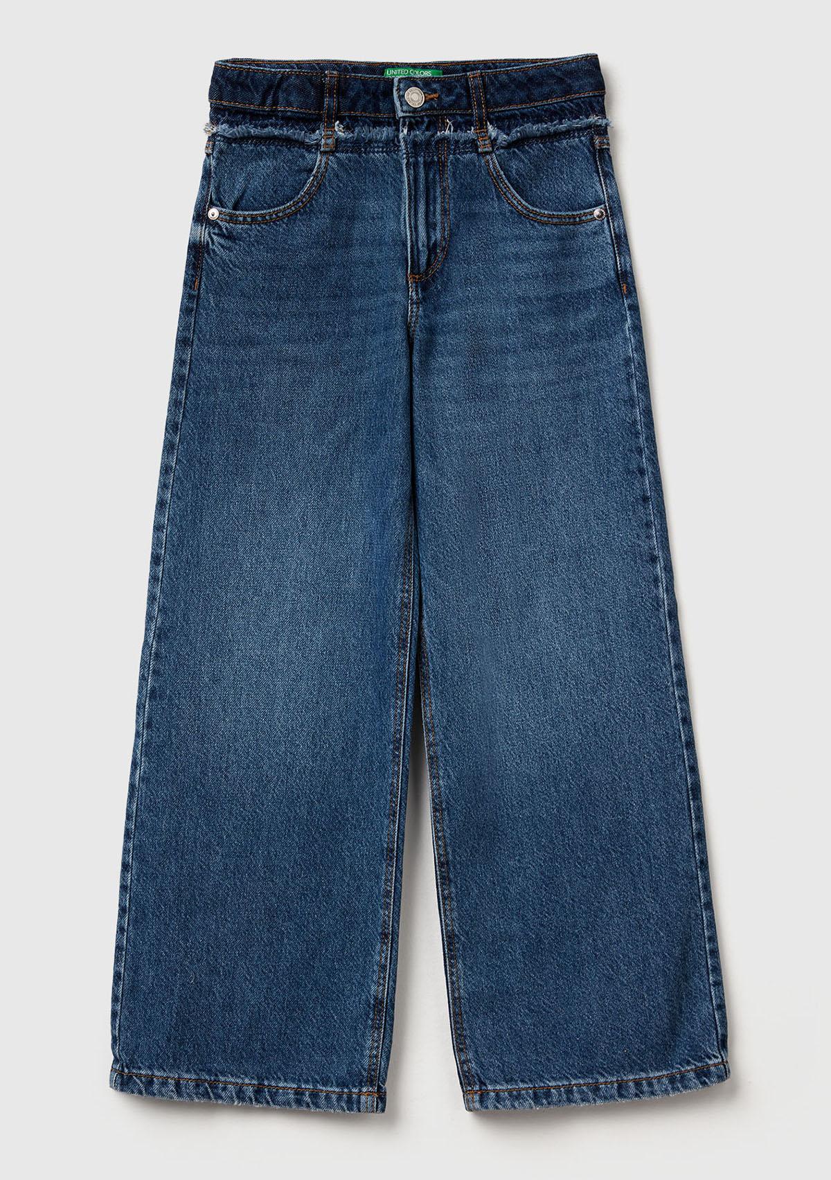 Kız Çocuk Koyu Mavi Taş Yıkama Logo İşleme Detaylı Straight Fit Denim Pantolon