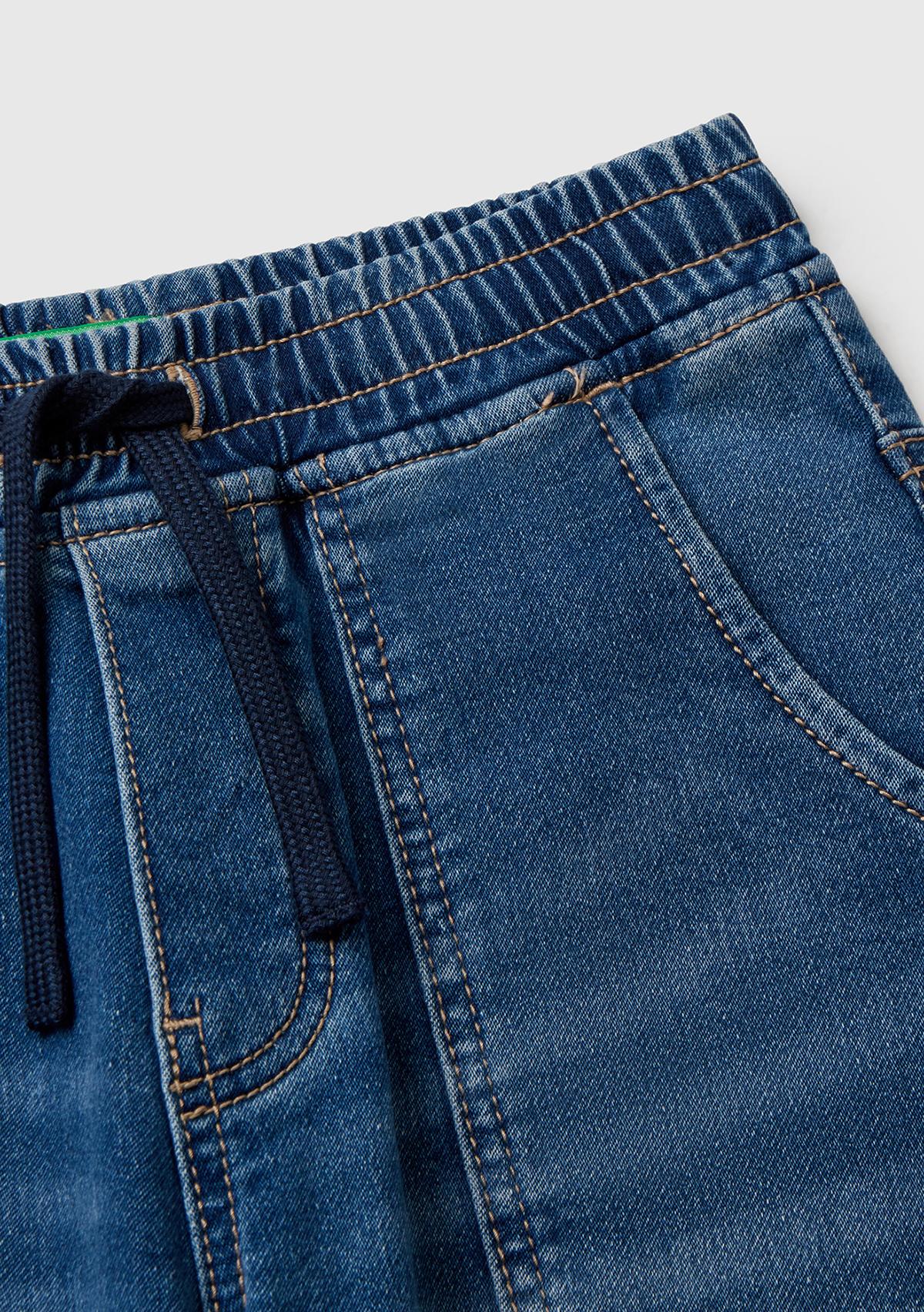 Erkek Çocuk Koyu Mavi Logo Detaylı Büzgü İpli Denim Jogger Pantolon