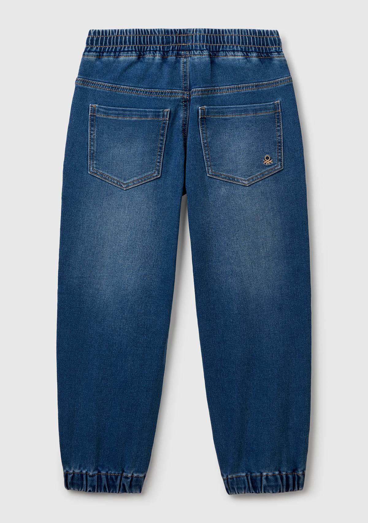 Erkek Çocuk Koyu Mavi Logo Detaylı Büzgü İpli Denim Jogger Pantolon