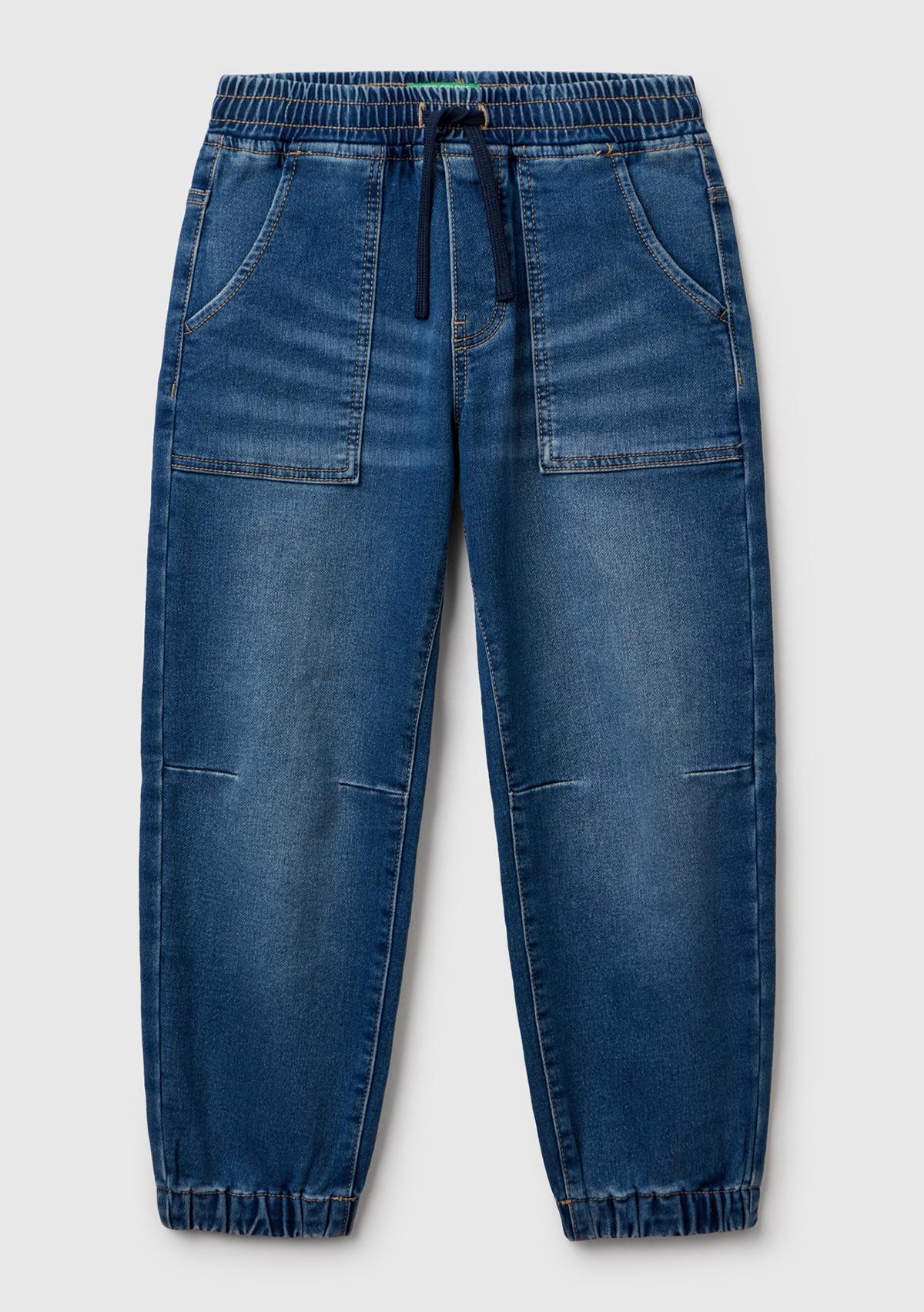 Erkek Çocuk Koyu Mavi Logo Detaylı Büzgü İpli Denim Jogger Pantolon