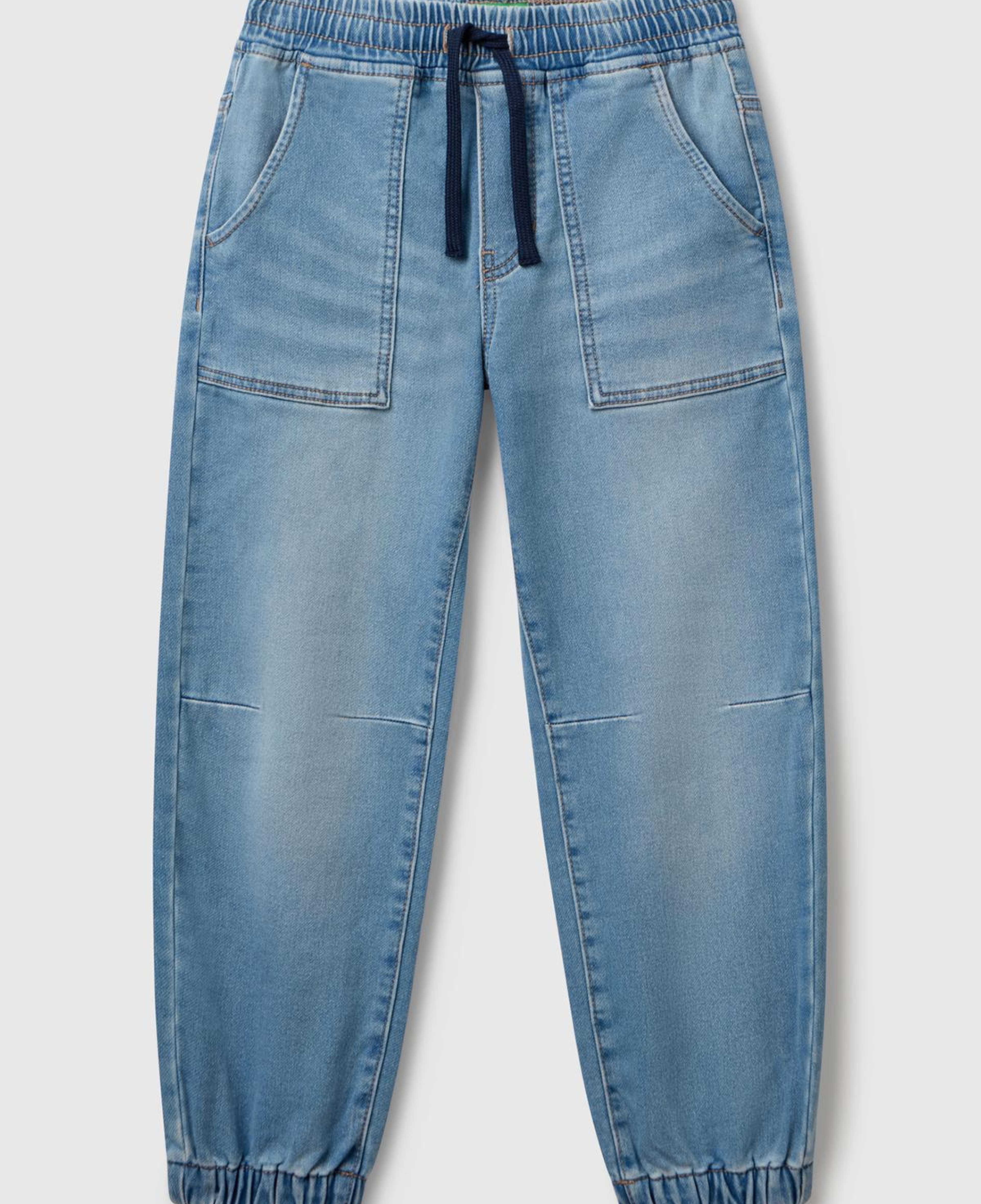 Erkek Çocuk Açık Mavi Logo Detaylı Büzgü İpli Denim Jogger Pantolon