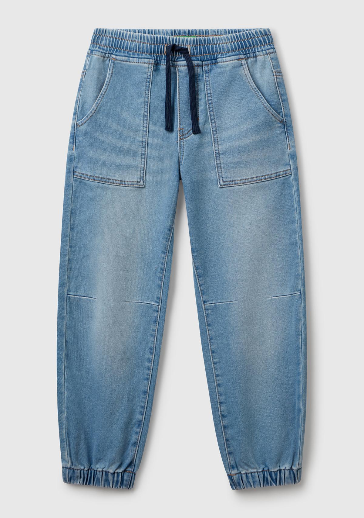 Erkek Çocuk Açık Mavi Logo Detaylı Büzgü İpli Denim Jogger Pantolon