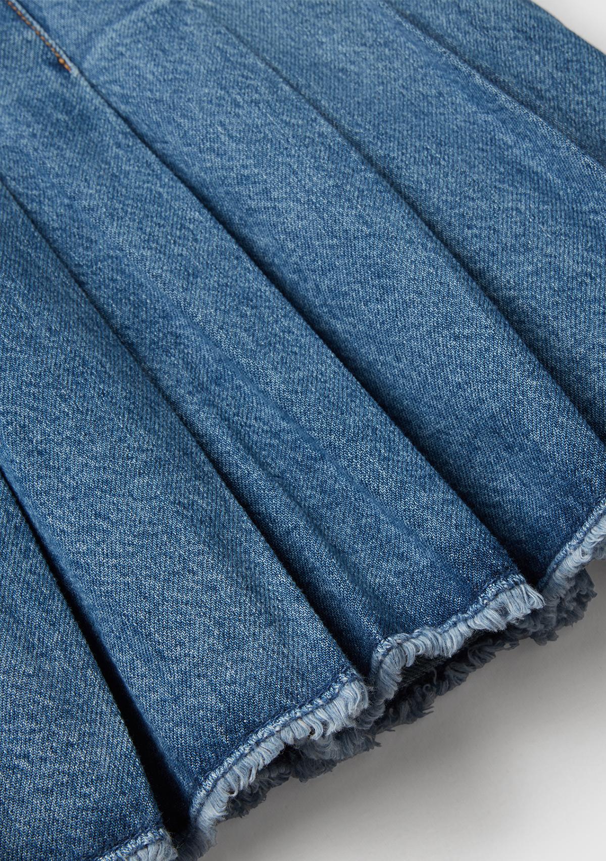 Kız Çocuk Koyu Mavi Taş Yıkama Pileli Yanı Fermuarlı Diz Üstü Denim Etek