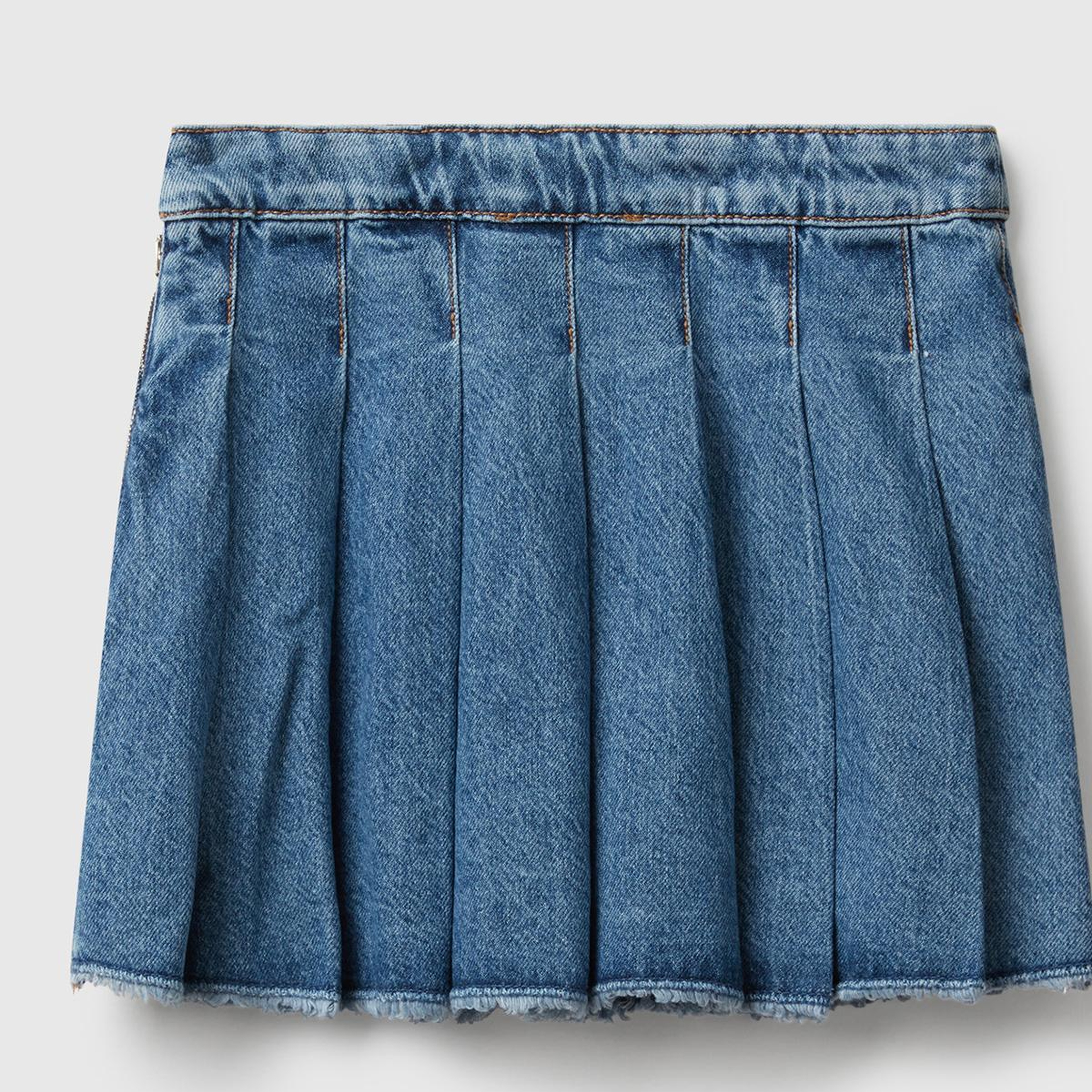 Kız Çocuk Koyu Mavi Taş Yıkama Pileli Yanı Fermuarlı Diz Üstü Denim Etek