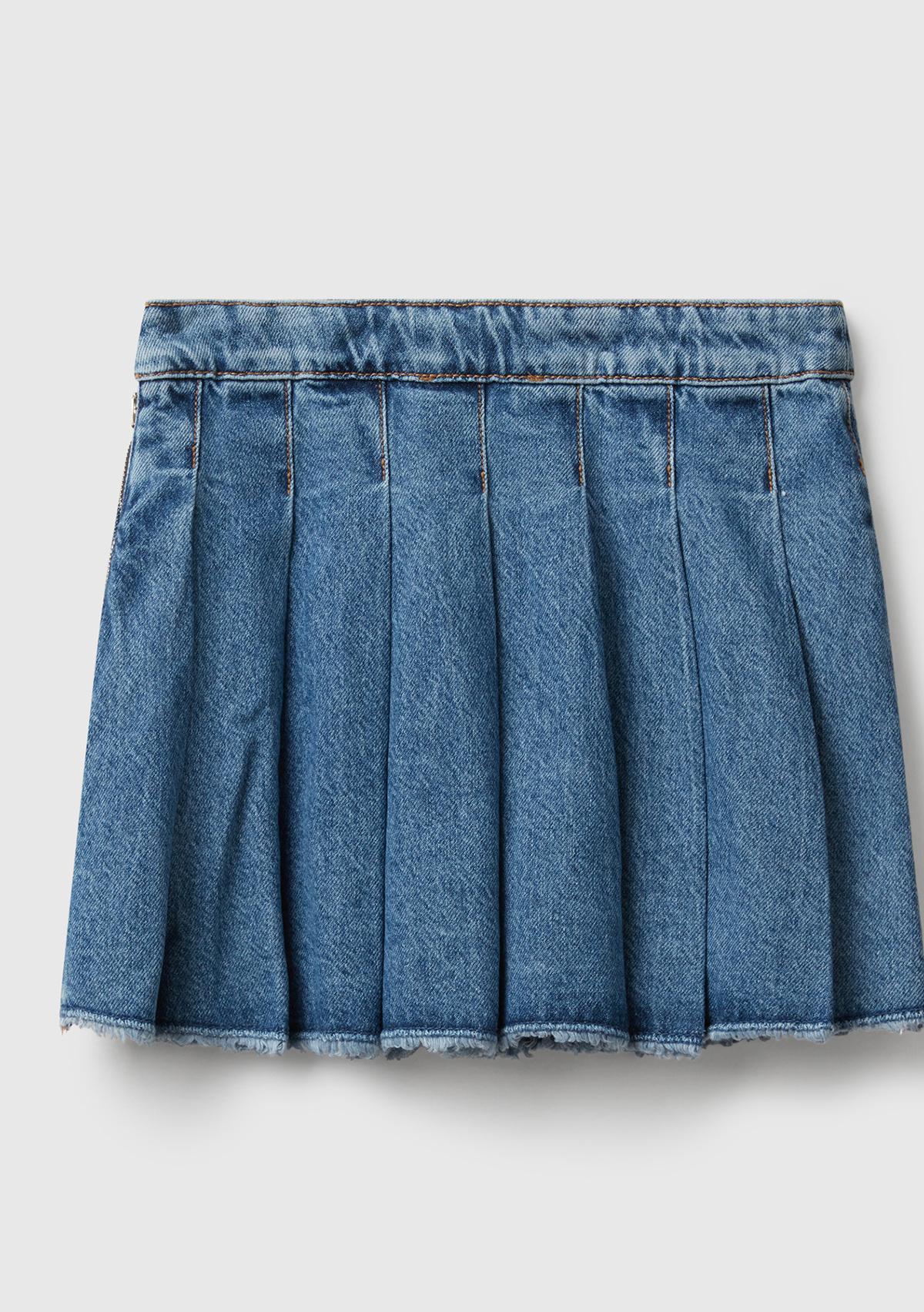 Kız Çocuk Koyu Mavi Taş Yıkama Pileli Yanı Fermuarlı Diz Üstü Denim Etek
