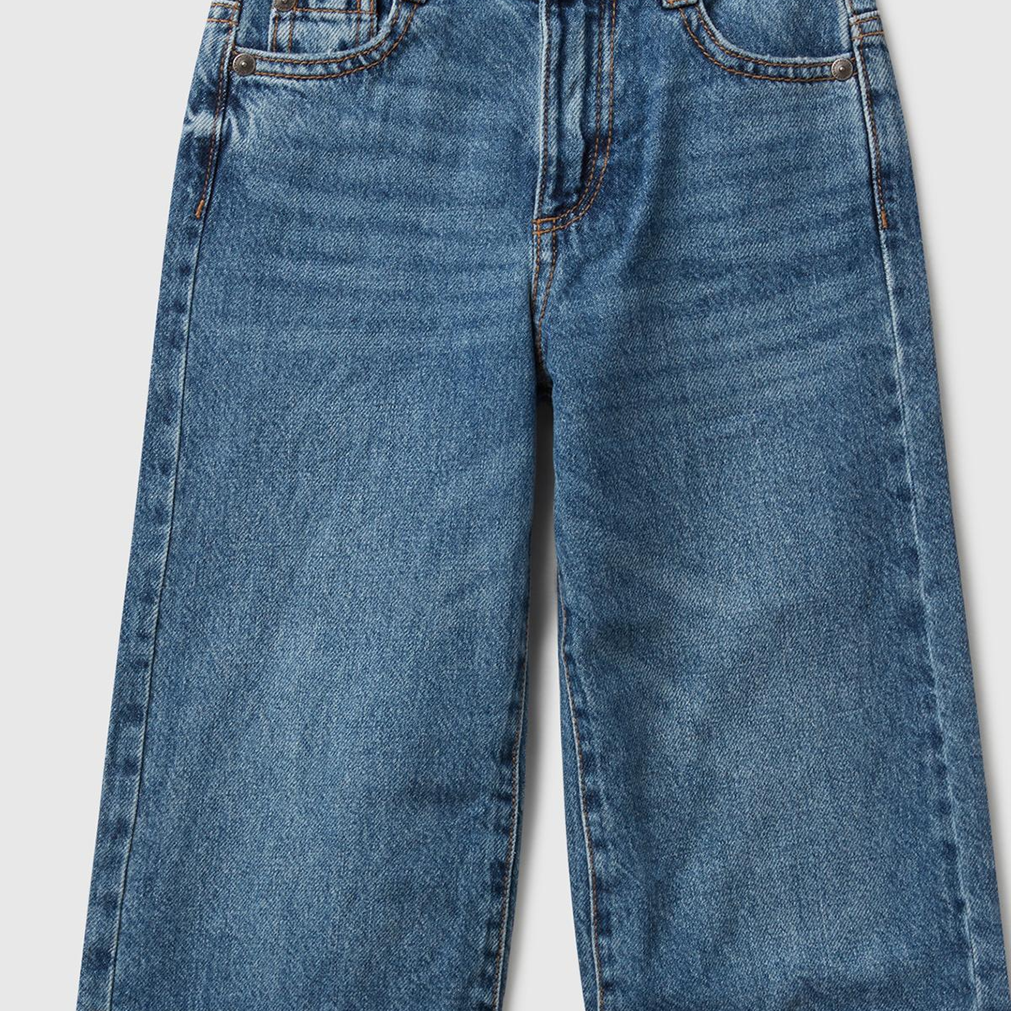 Kız Çocuk Koyu Mavi Logo İşleme Detaylı Paçası Kıvrık Wide Fit Denim Pantolon