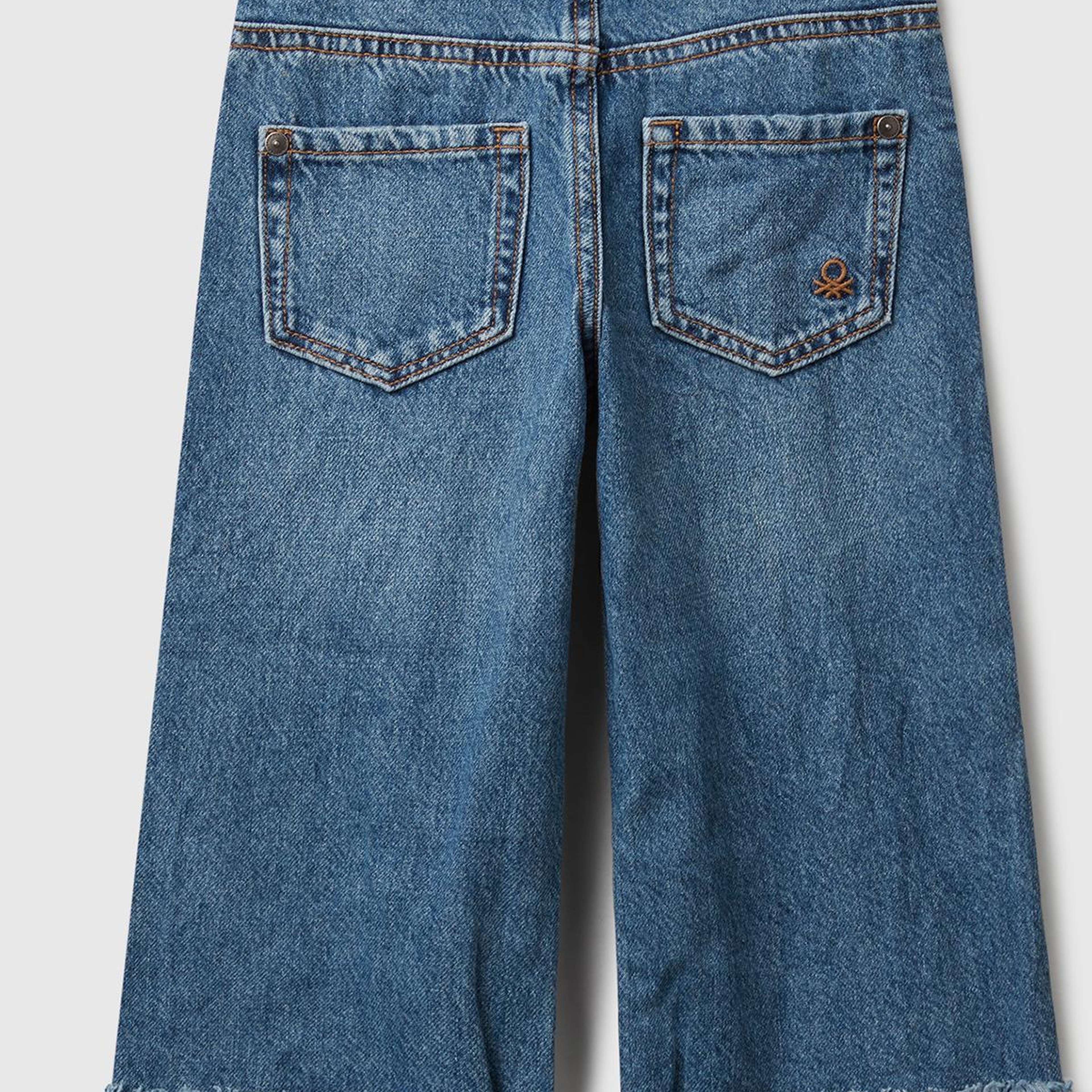 Kız Çocuk Koyu Mavi Logo İşleme Detaylı Paçası Kıvrık Wide Fit Denim Pantolon