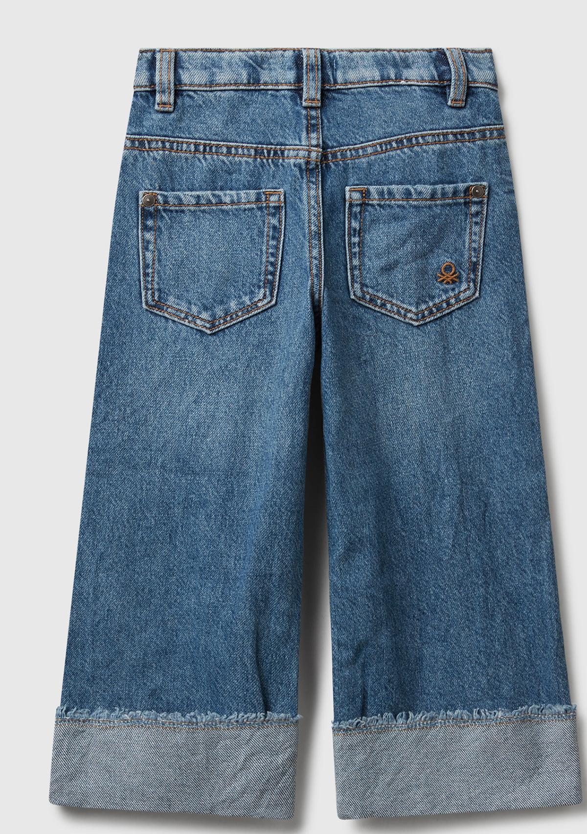 Kız Çocuk Koyu Mavi Logo İşleme Detaylı Paçası Kıvrık Wide Fit Denim Pantolon