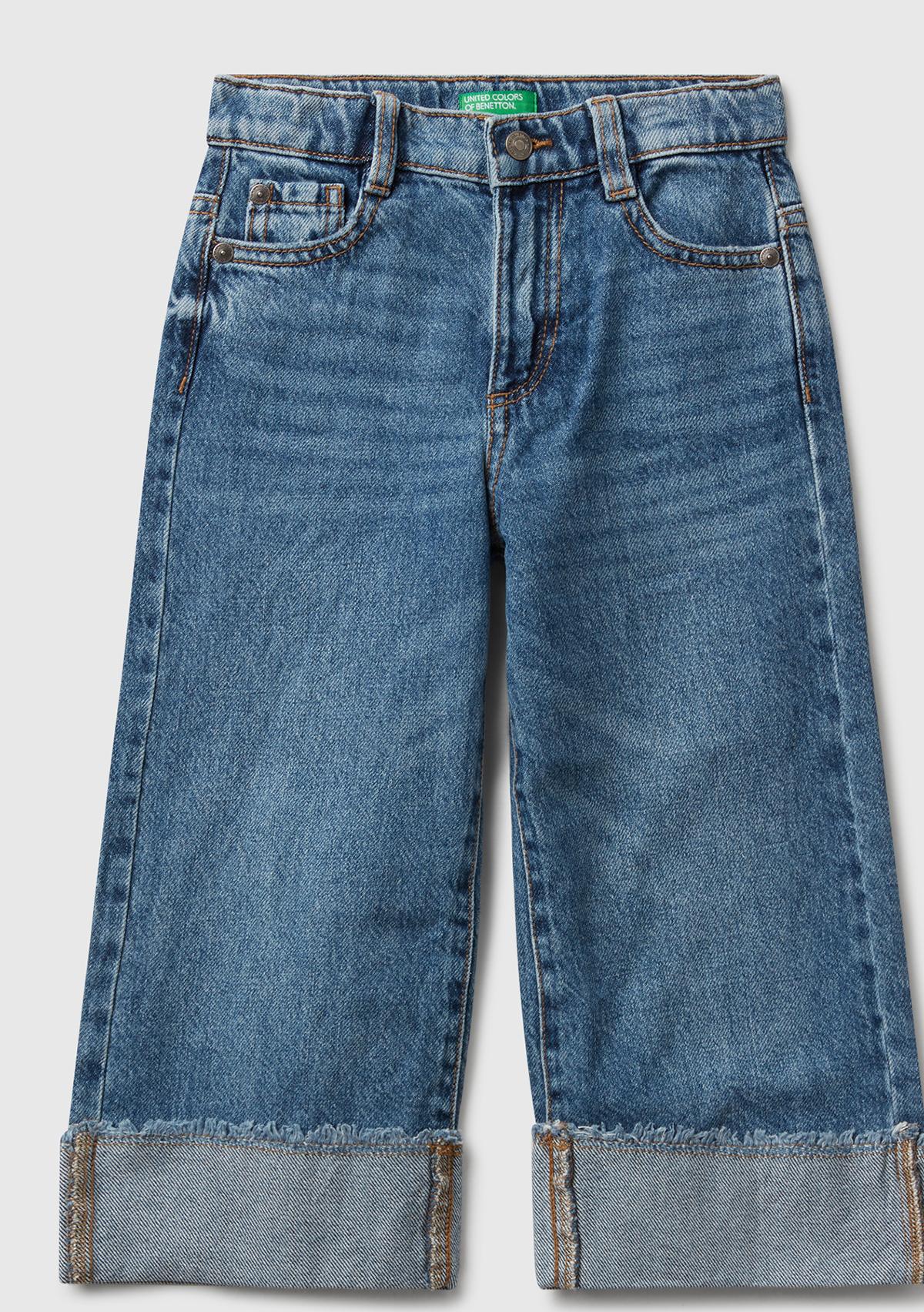 Kız Çocuk Koyu Mavi Logo İşleme Detaylı Paçası Kıvrık Wide Fit Denim Pantolon