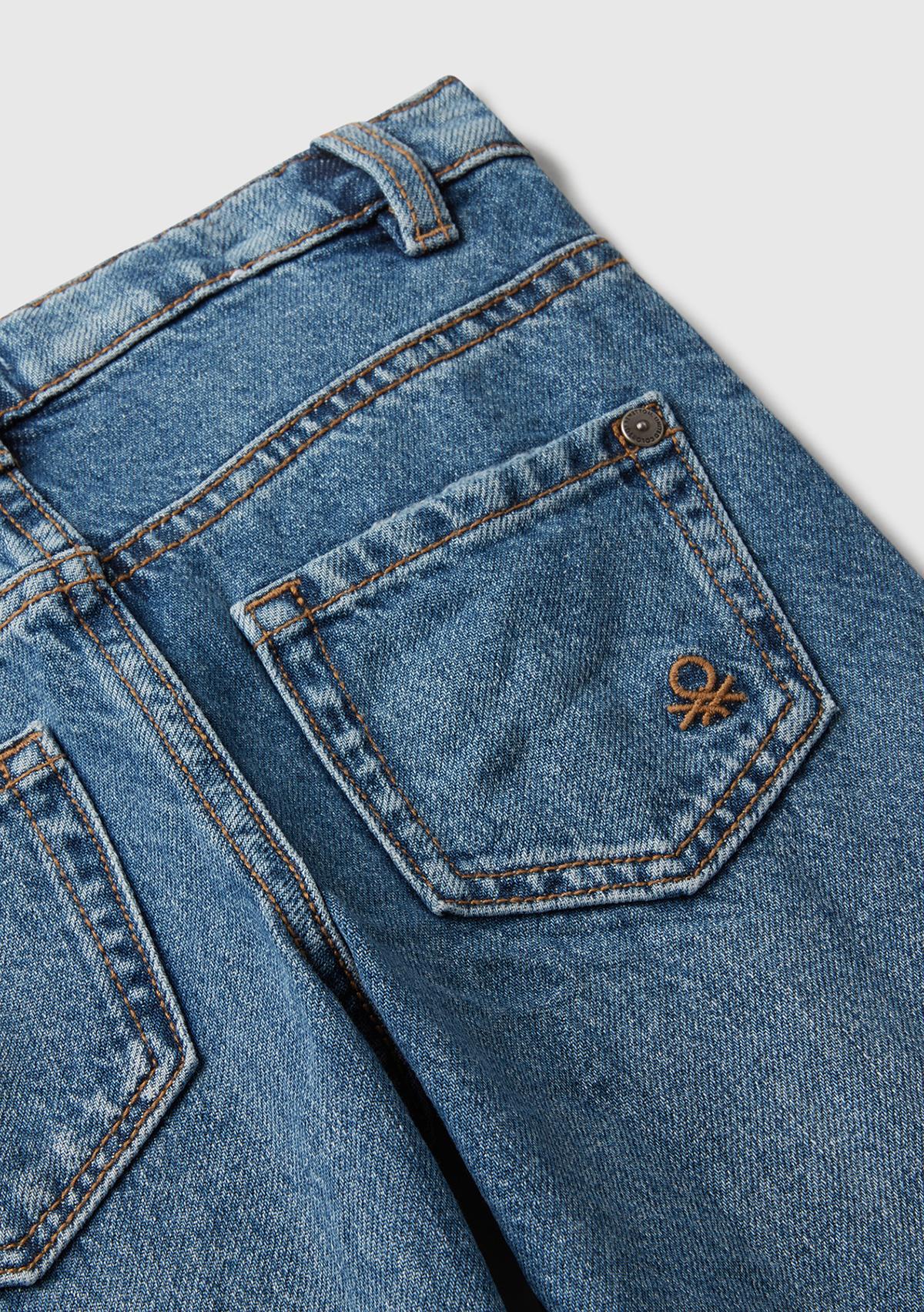 Kız Çocuk Koyu Mavi Logo İşleme Detaylı Paçası Kıvrık Wide Fit Denim Pantolon