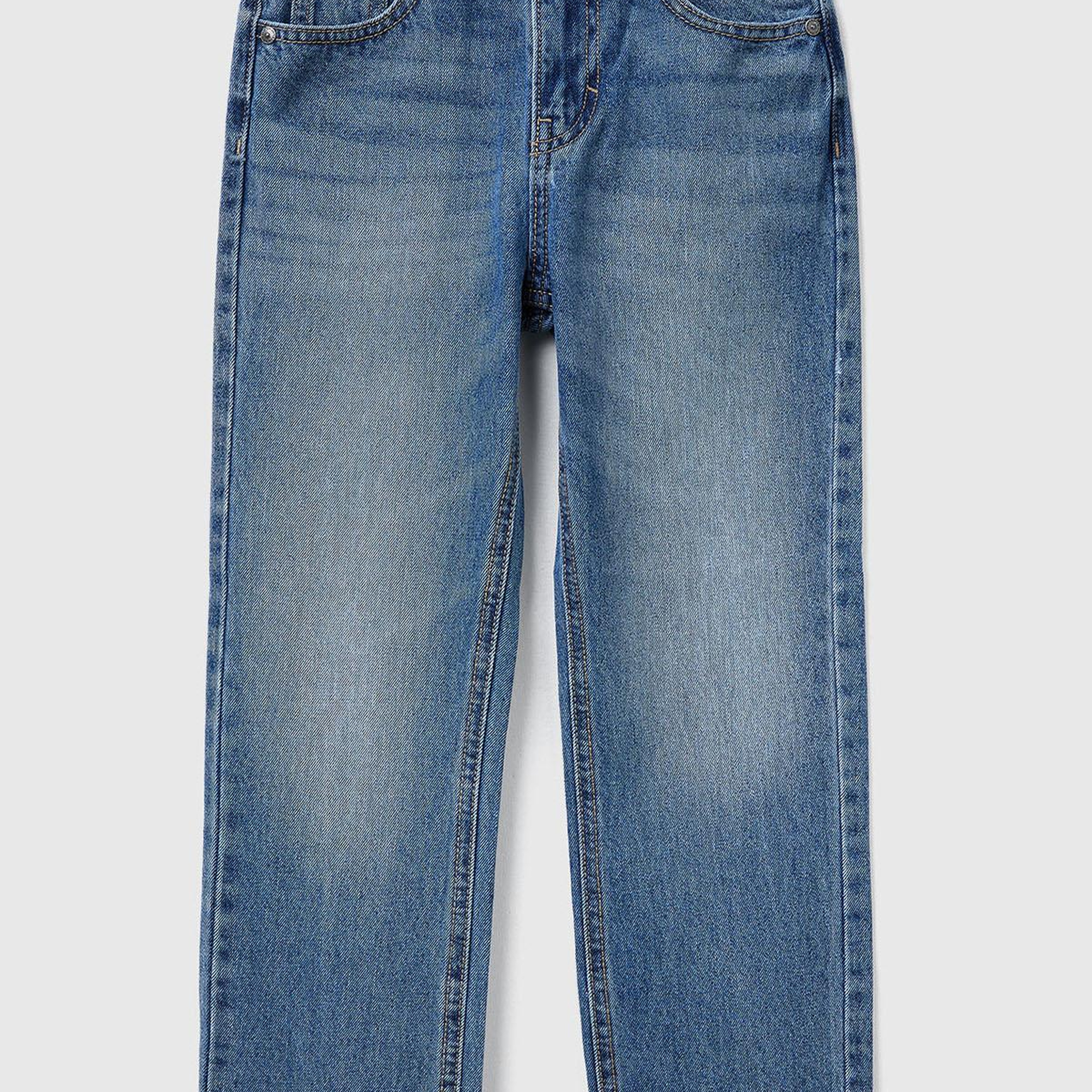 Erkek Çocuk Koyu Mavi Eskitilmiş Efektli Düğmeli Denim Pantolon