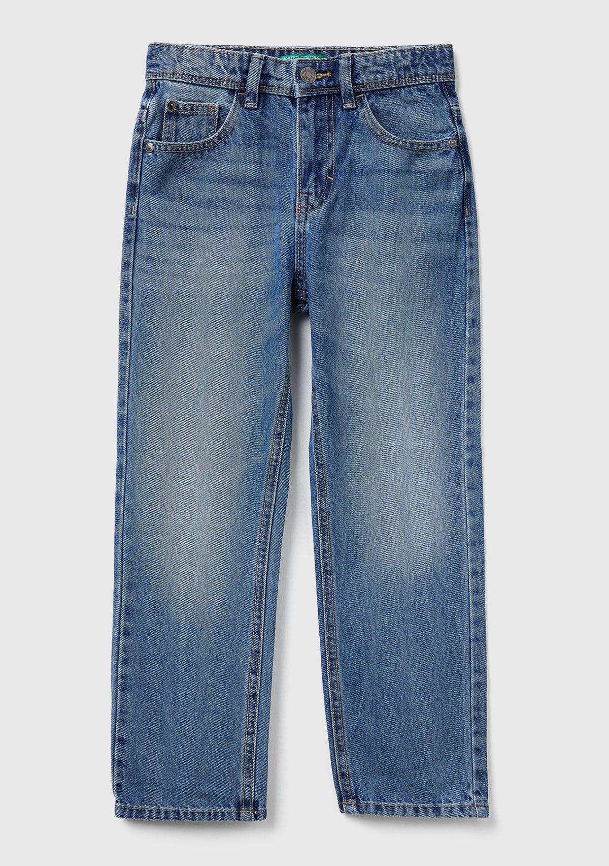 Erkek Çocuk Koyu Mavi Eskitilmiş Efektli Düğmeli Denim Pantolon