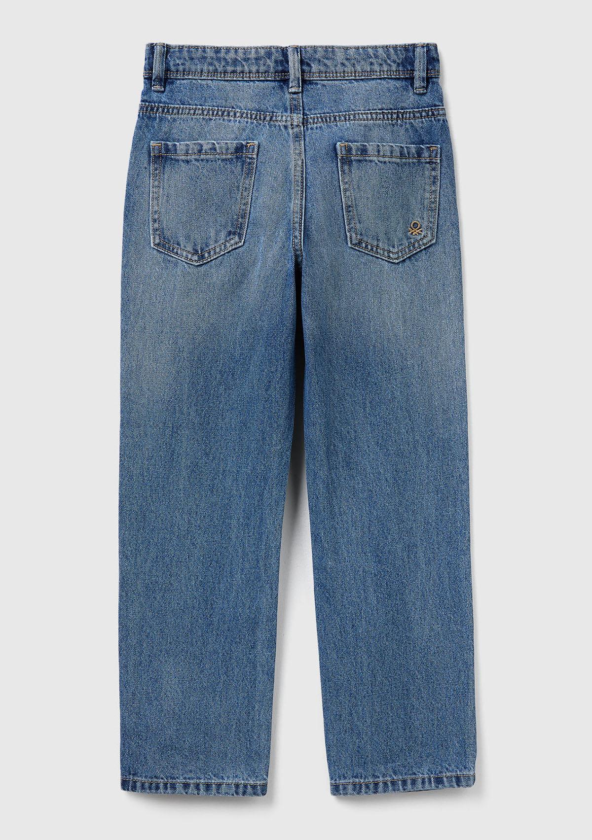 Erkek Çocuk Koyu Mavi Eskitilmiş Efektli Düğmeli Denim Pantolon