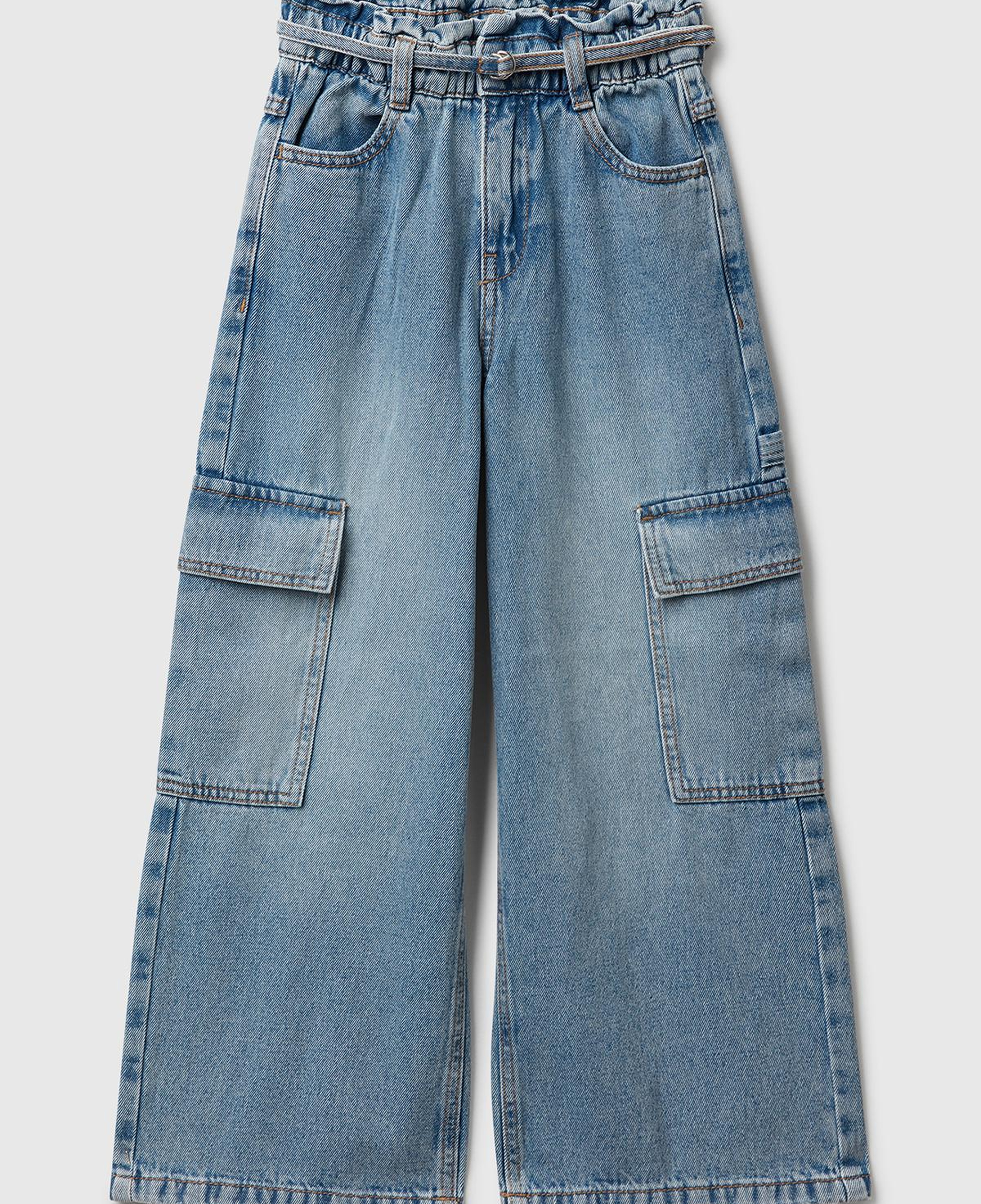Kız Çocuk Koyu Mavi Beli Bağlamalı Kargo Stili Wide Fit Denim Pantolon
