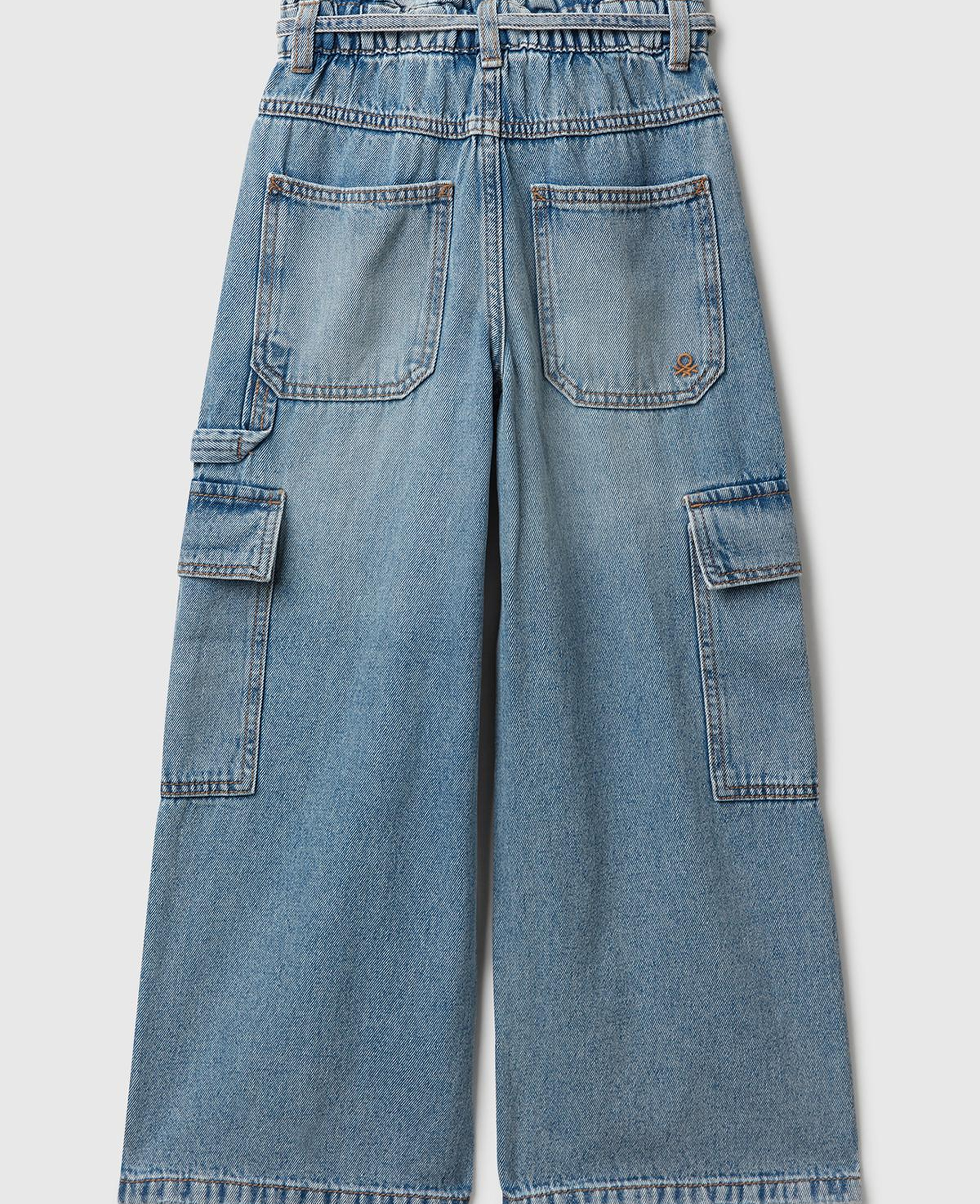 Kız Çocuk Koyu Mavi Beli Bağlamalı Kargo Stili Wide Fit Denim Pantolon