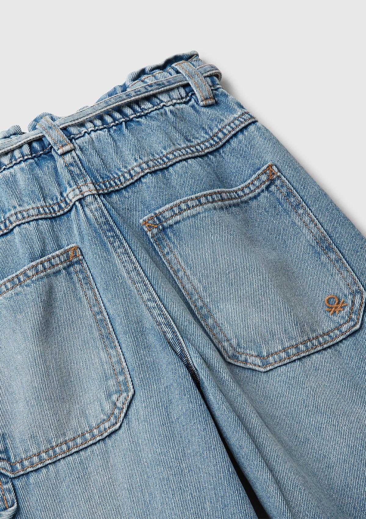 Kız Çocuk Koyu Mavi Beli Bağlamalı Kargo Stili Wide Fit Denim Pantolon