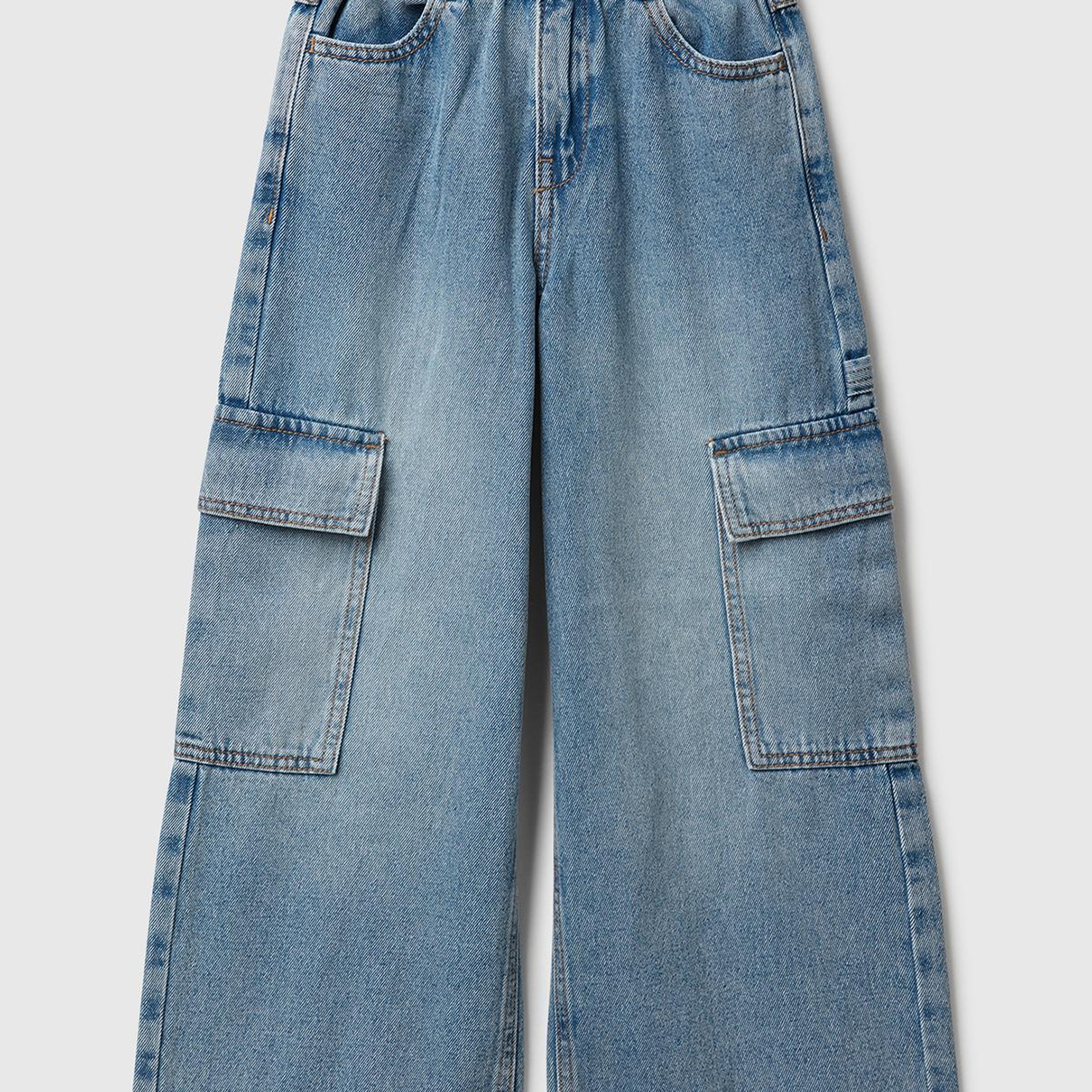 Kız Çocuk Koyu Mavi Beli Bağlamalı Kargo Stili Wide Fit Denim Pantolon