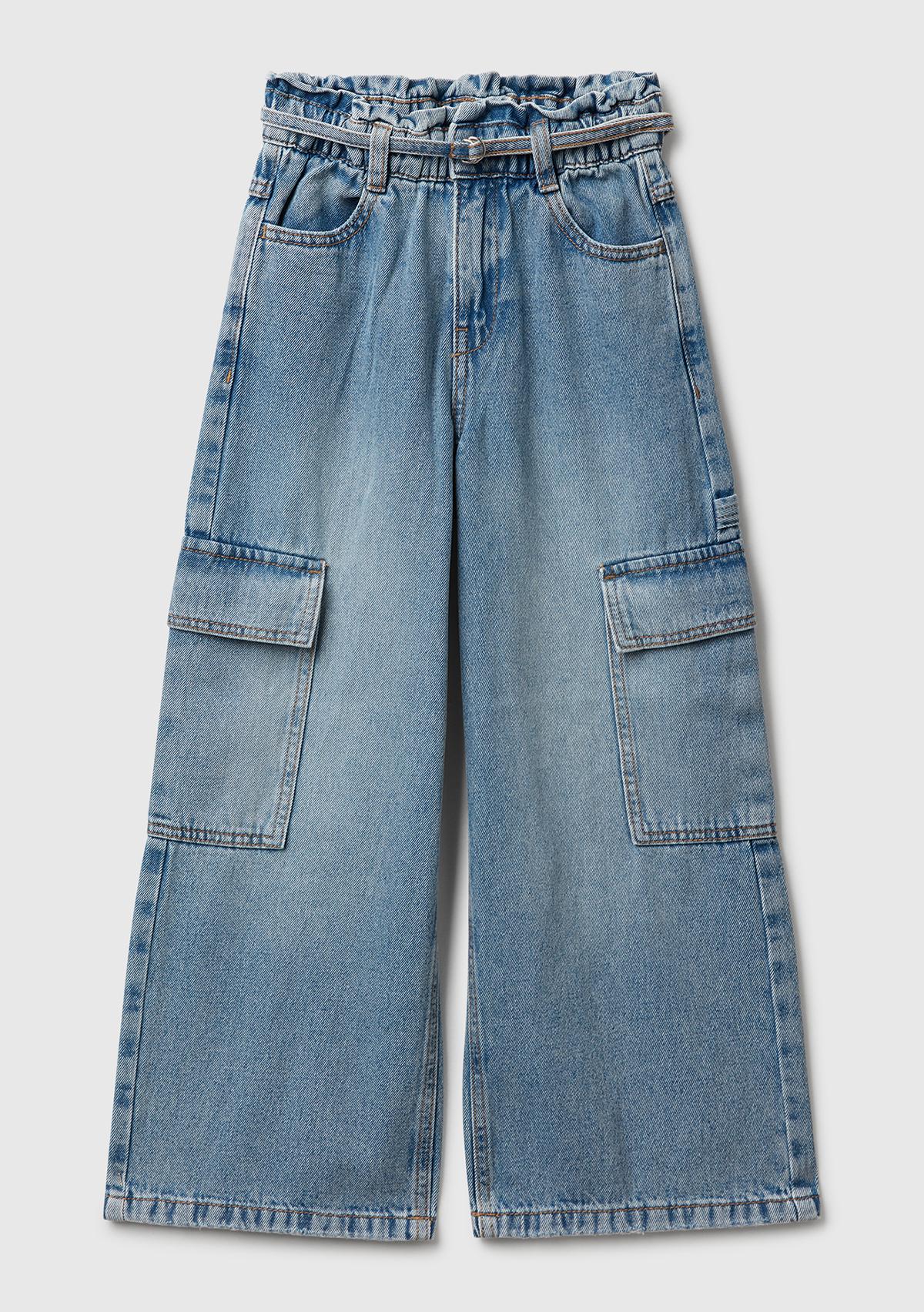 Kız Çocuk Koyu Mavi Beli Bağlamalı Kargo Stili Wide Fit Denim Pantolon