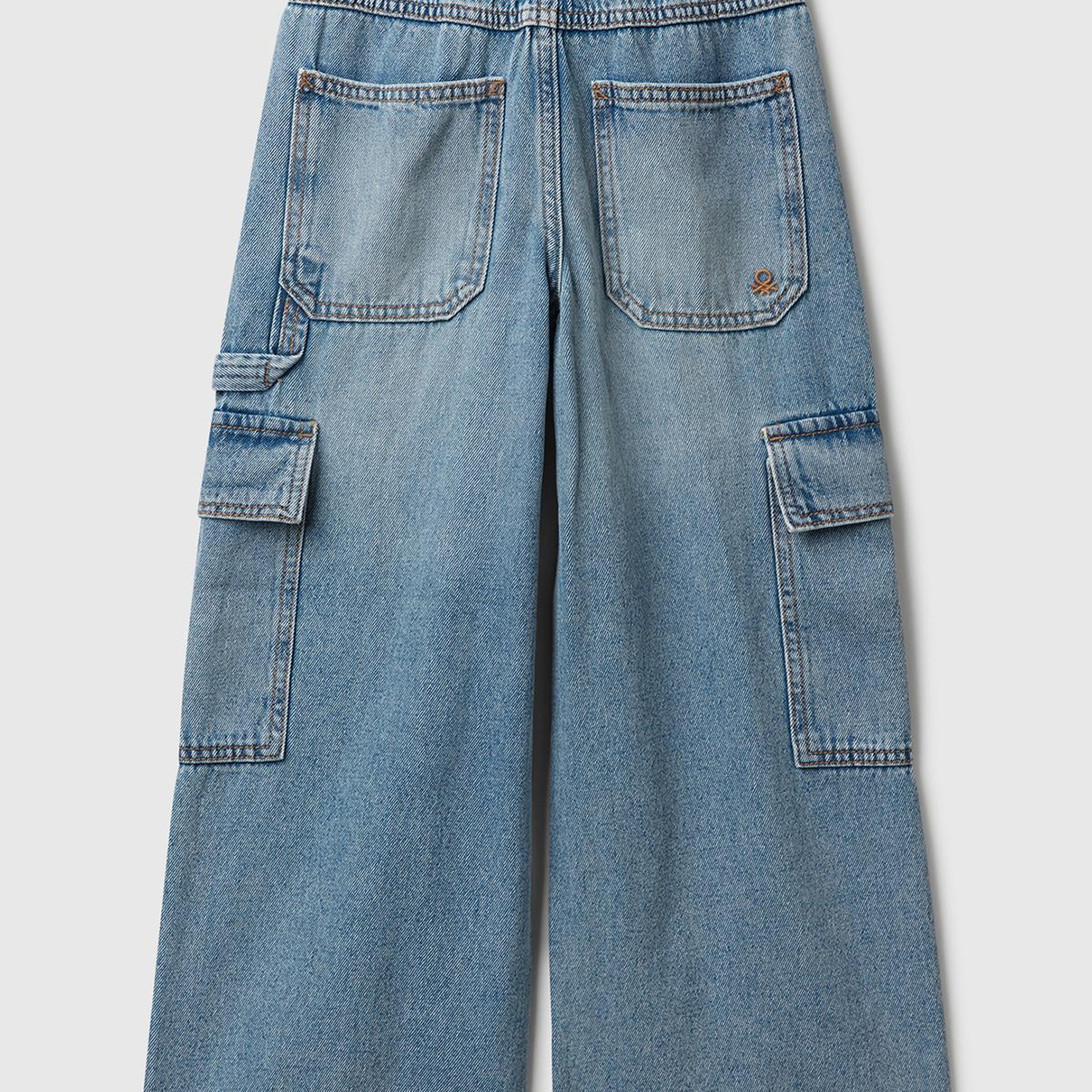Kız Çocuk Koyu Mavi Beli Bağlamalı Kargo Stili Wide Fit Denim Pantolon
