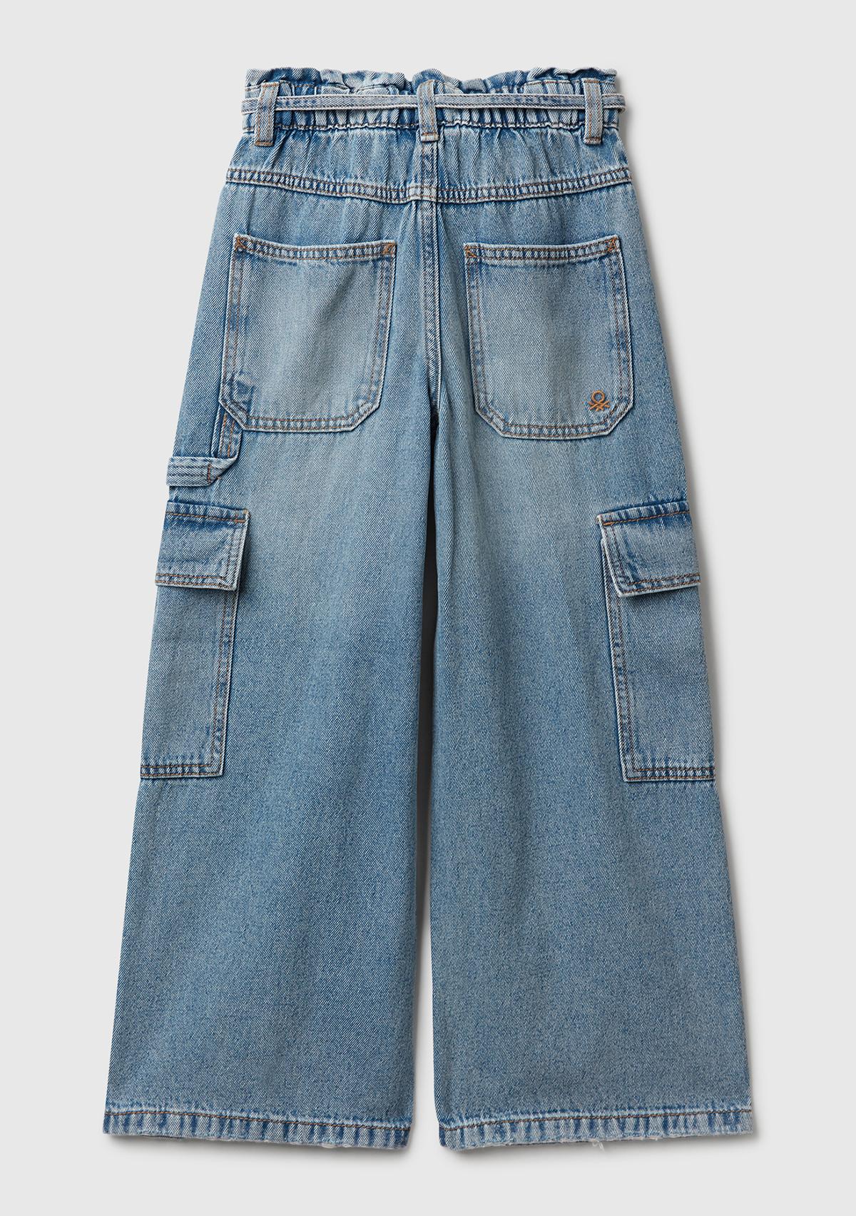 Kız Çocuk Koyu Mavi Beli Bağlamalı Kargo Stili Wide Fit Denim Pantolon