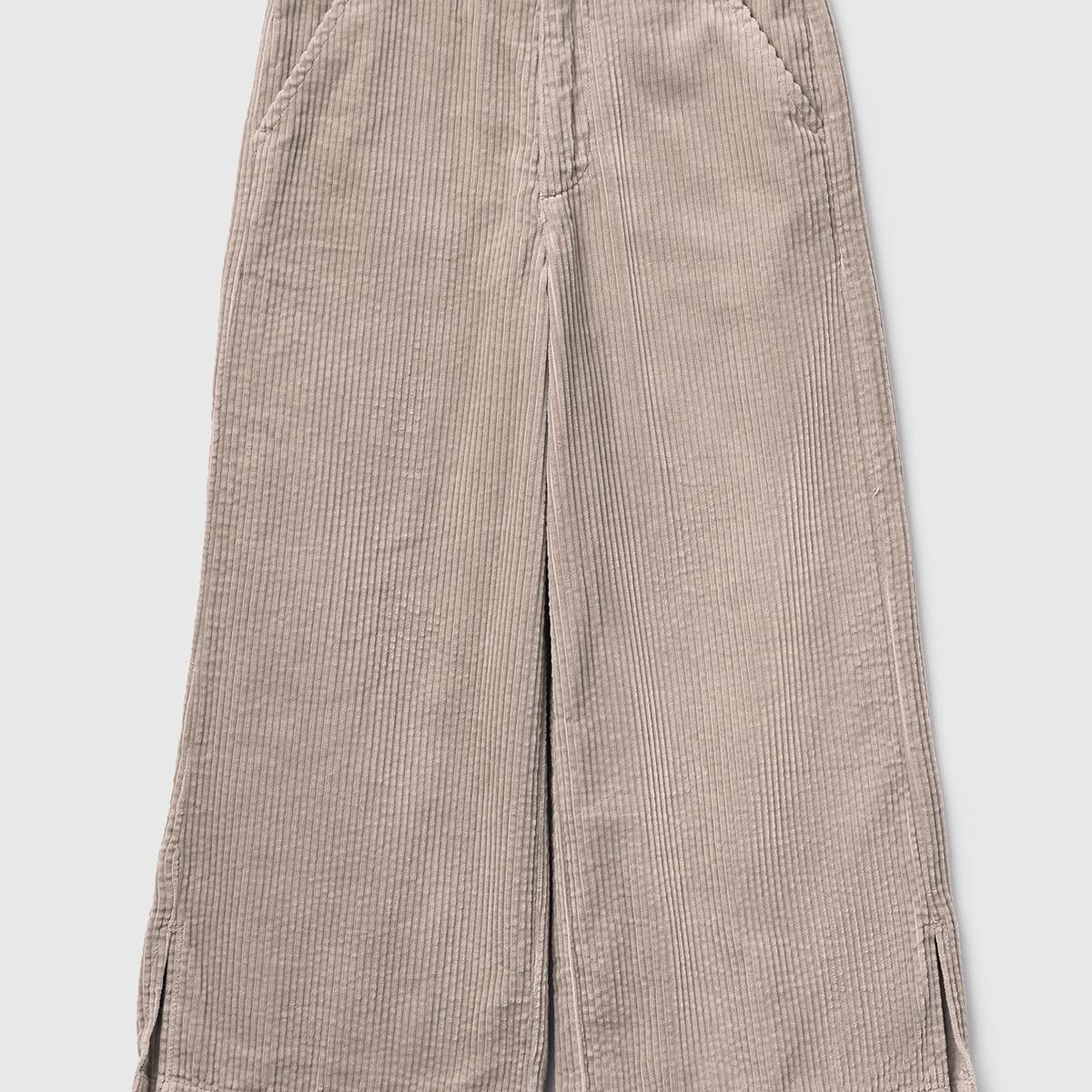 Kız Çocuk Bej Logo İşlemeli Yırtmaçlı Fermuarlı Düğmeli Wide Fit Pantolon