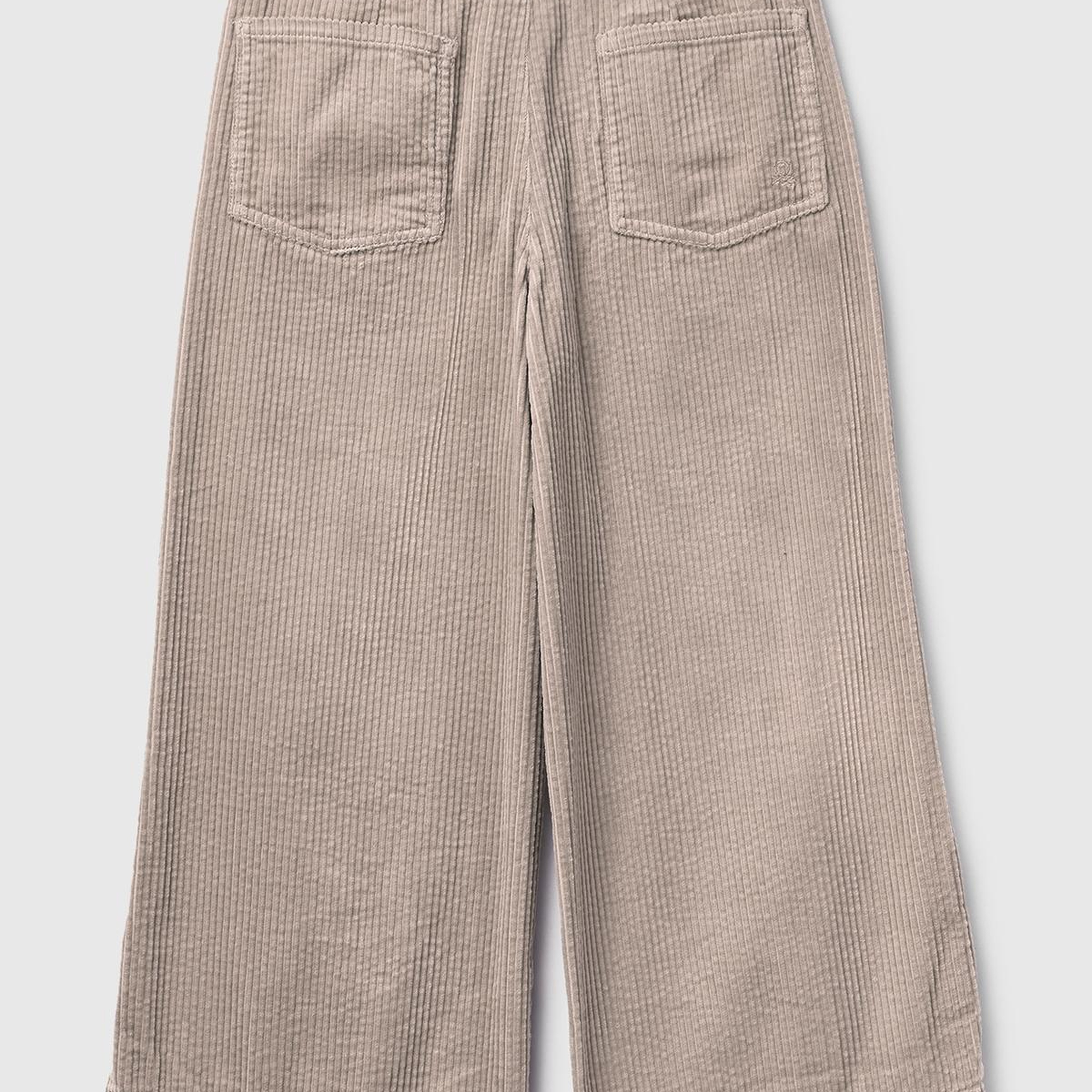 Kız Çocuk Bej Logo İşlemeli Yırtmaçlı Fermuarlı Düğmeli Wide Fit Pantolon