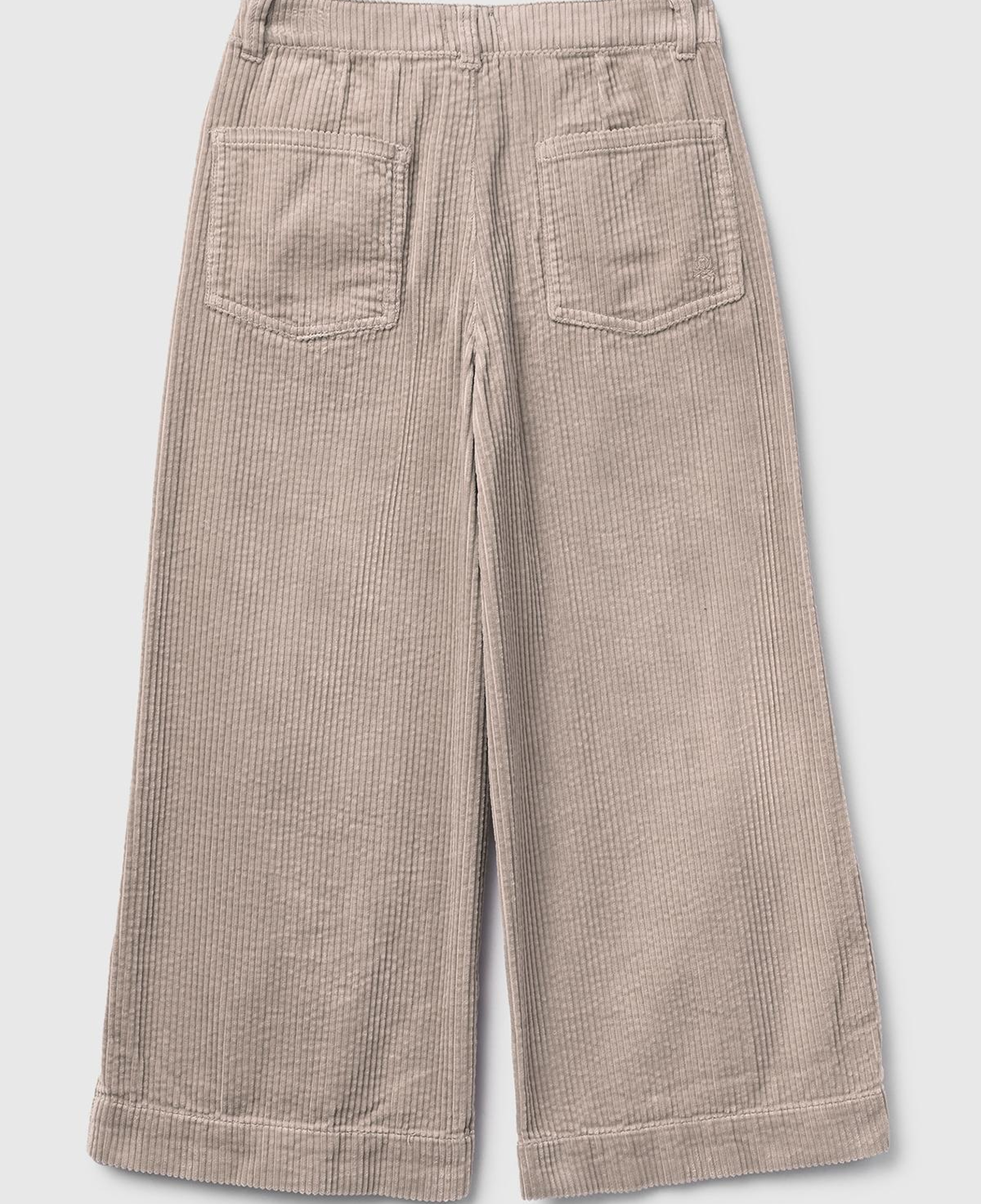 Kız Çocuk Bej Logo İşlemeli Yırtmaçlı Fermuarlı Düğmeli Wide Fit Pantolon