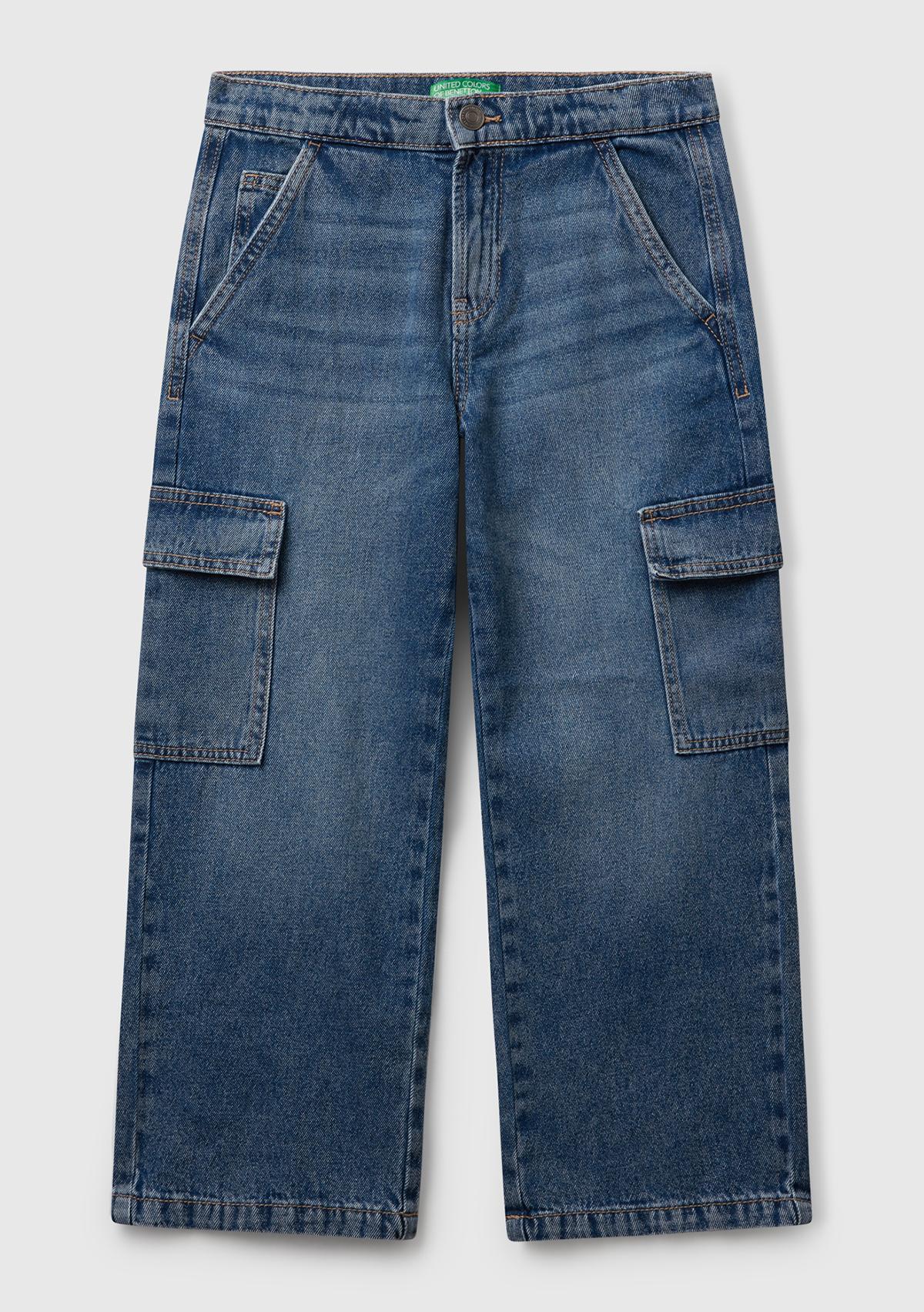Erkek Çocuk Koyu Mavi Arka Cebi Logolu Cepli Beli Lastikli İpli Denim Pantolon