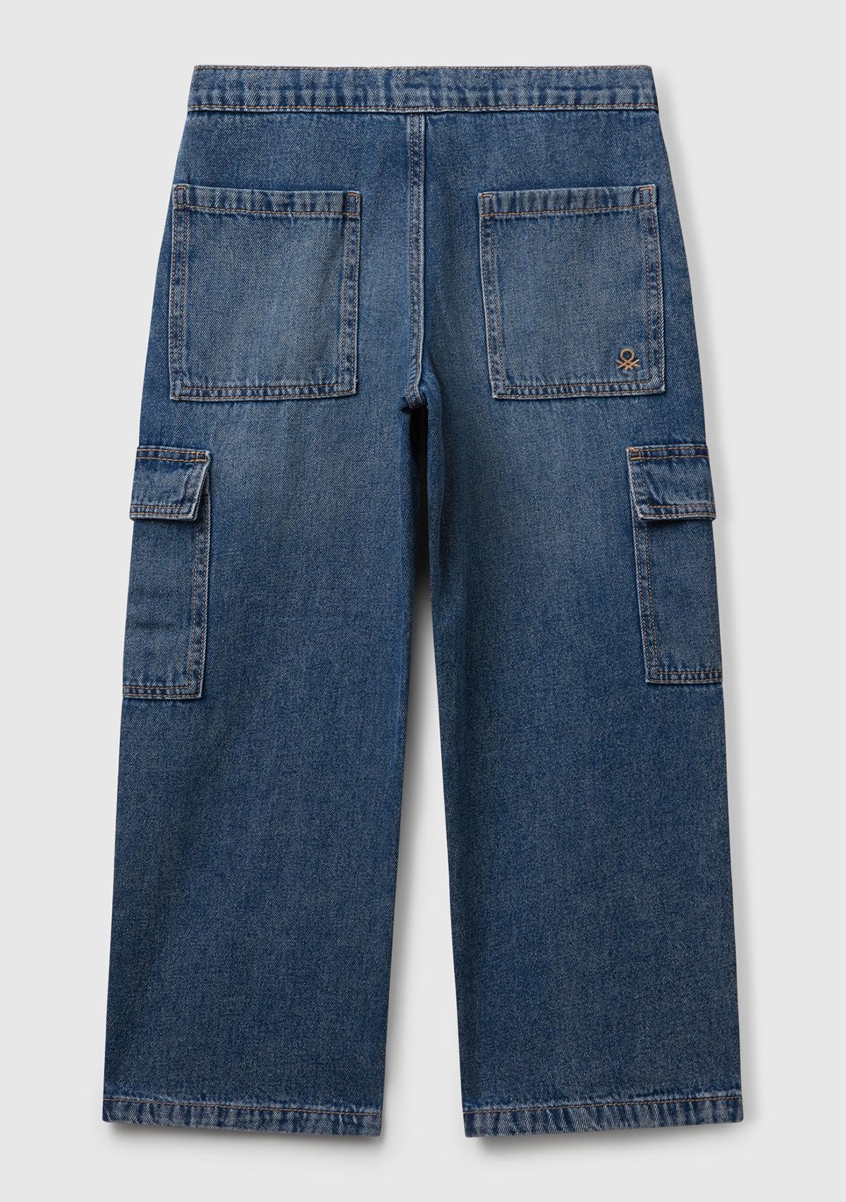 Erkek Çocuk Koyu Mavi Arka Cebi Logolu Cepli Beli Lastikli İpli Denim Pantolon