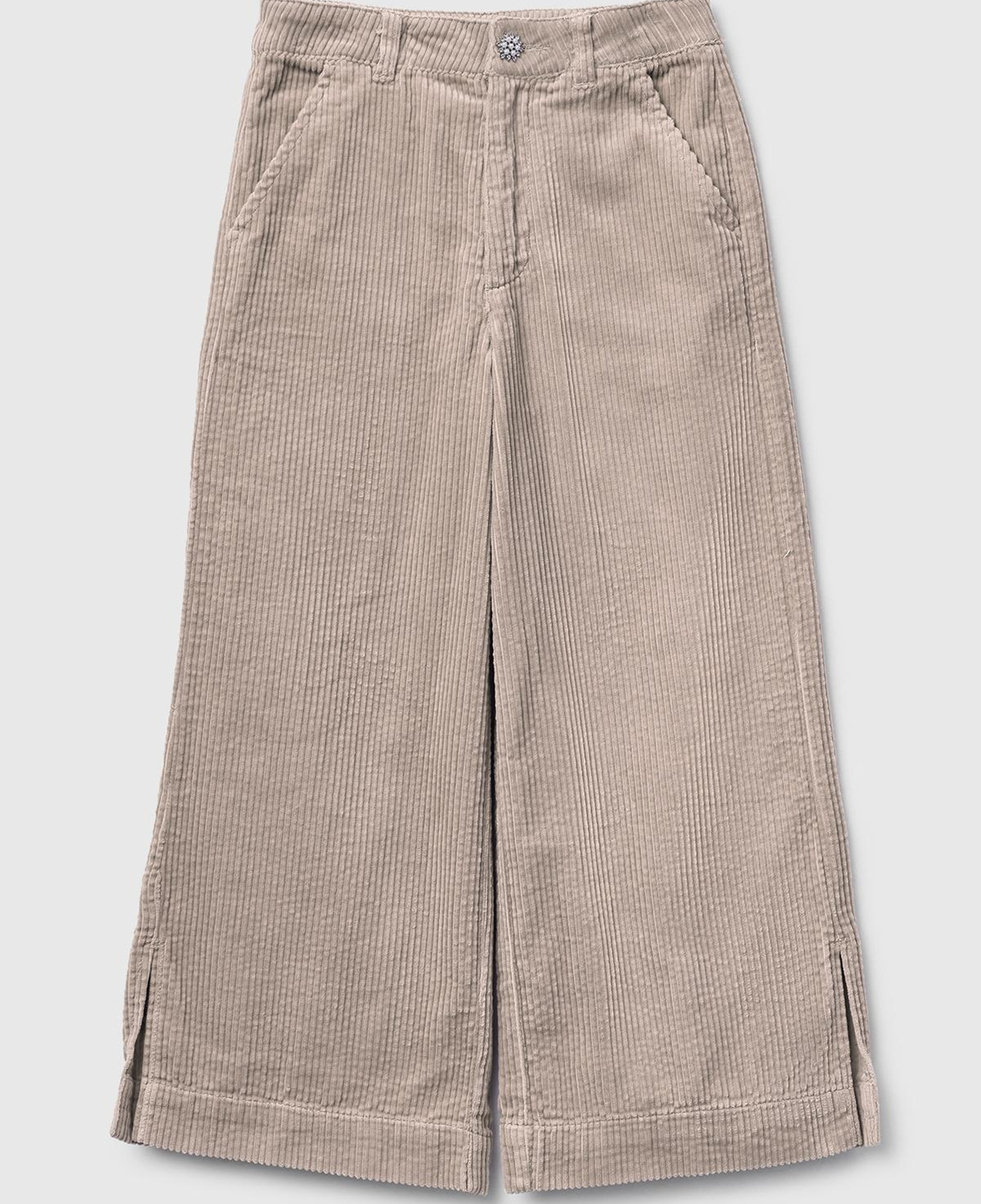 Kız Çocuk Bej Logo İşlemeli Yırtmaçlı Fermuarlı Düğmeli Wide Fit Pantolon