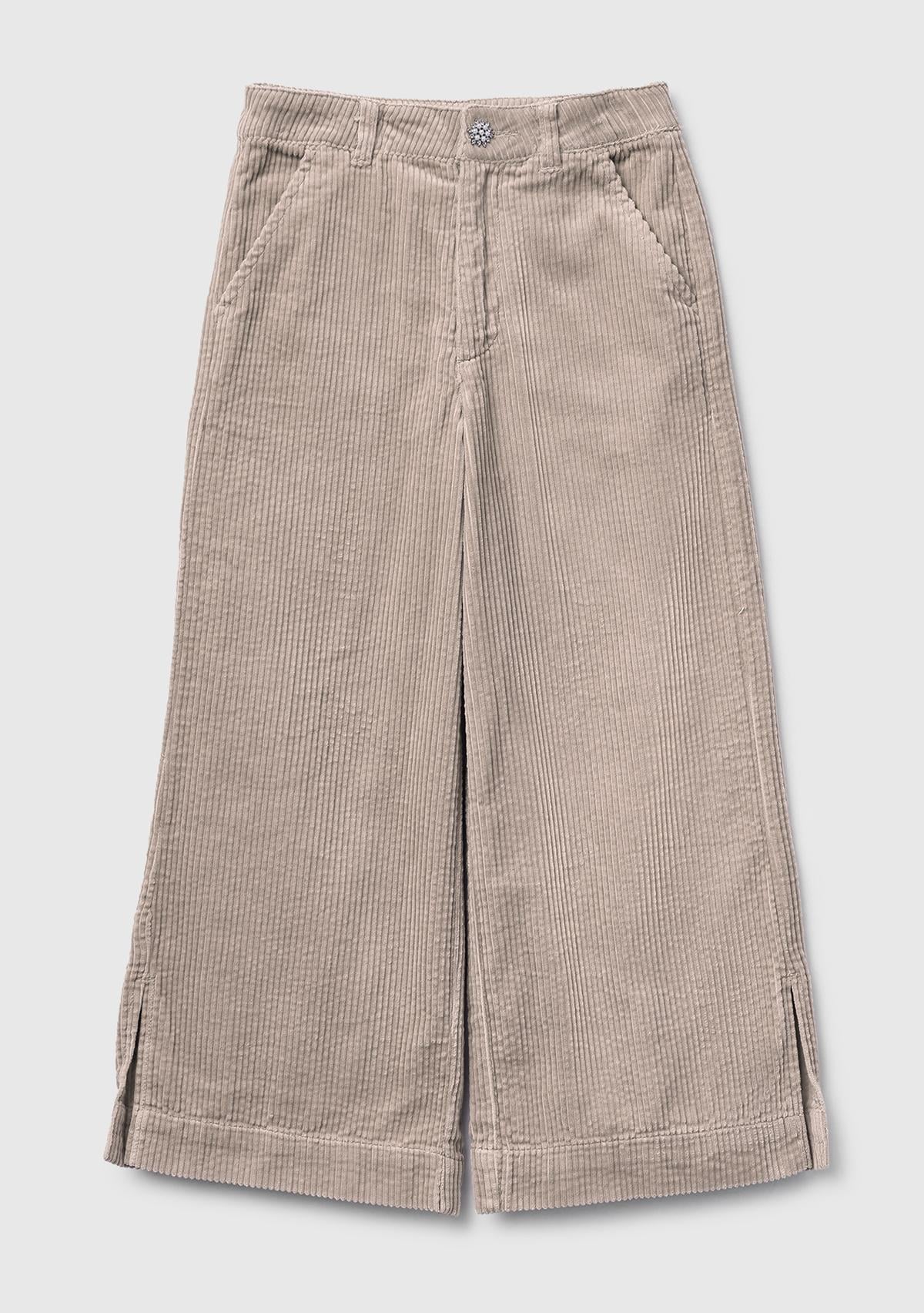 Kız Çocuk Bej Logo İşlemeli Yırtmaçlı Fermuarlı Düğmeli Wide Fit Pantolon