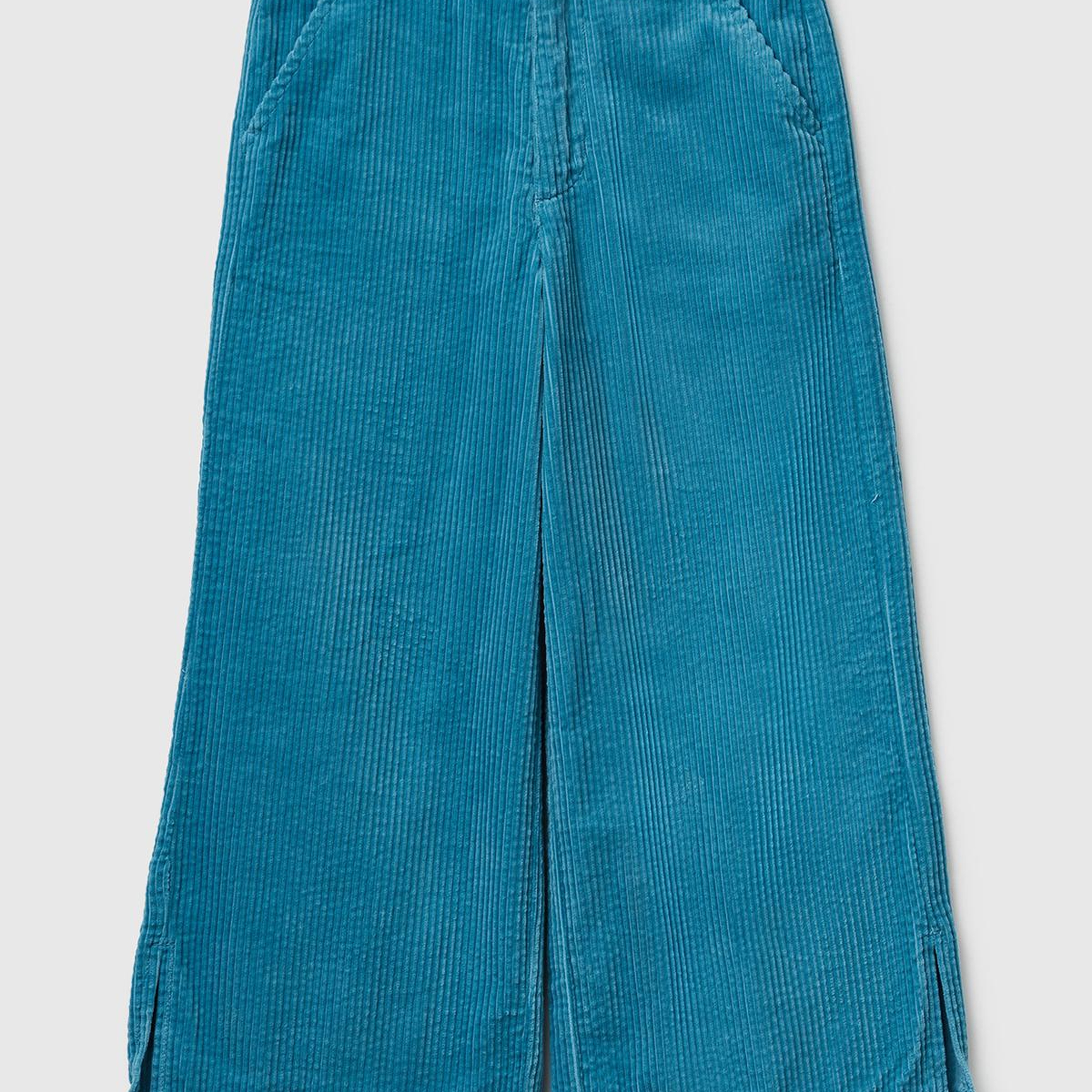 Kız Çocuk Petrol Mavisi Logo İşlemeli Yırtmaçlı Fermuarlı Düğmeli Wide Fit Pantolon