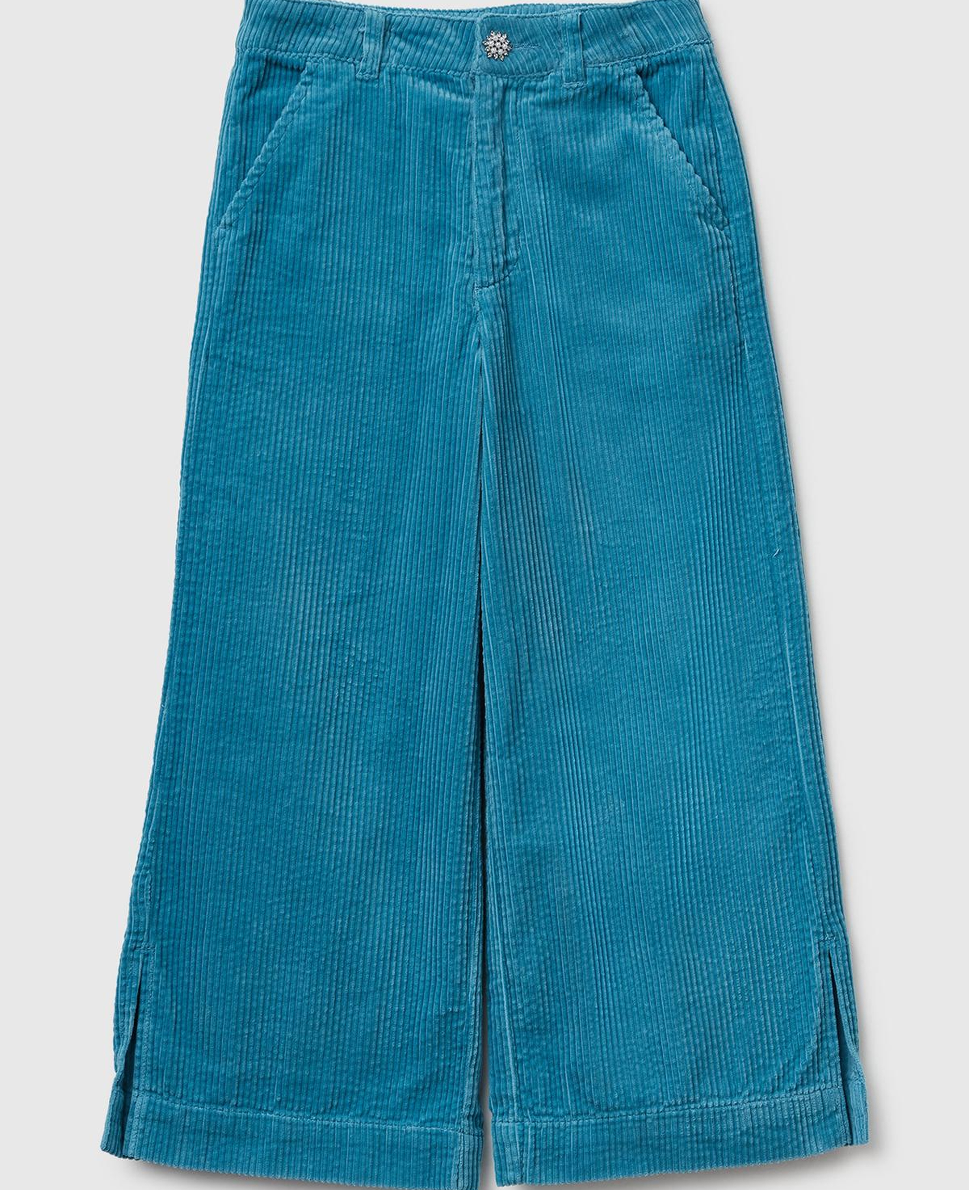 Kız Çocuk Petrol Mavisi Logo İşlemeli Yırtmaçlı Fermuarlı Düğmeli Wide Fit Pantolon