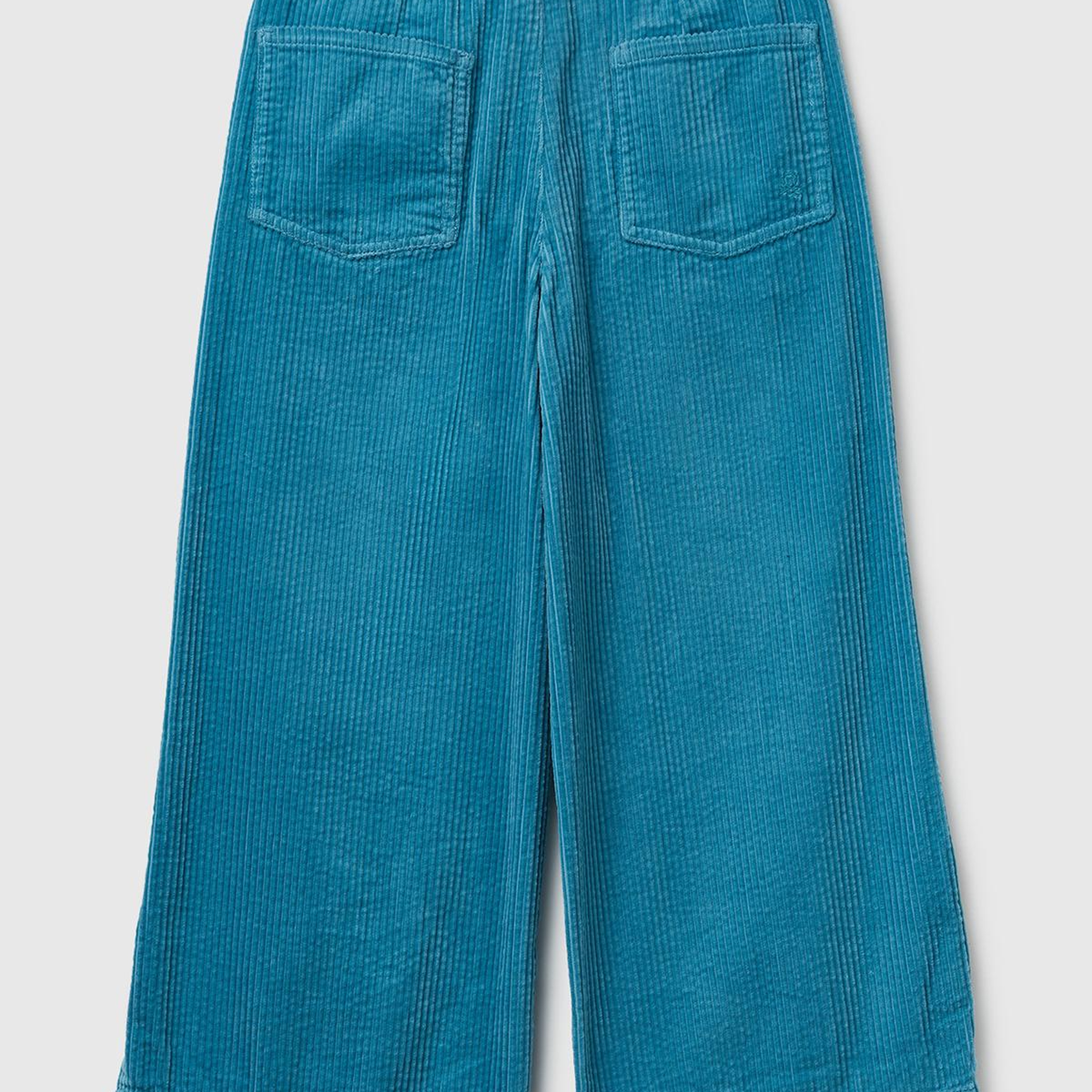 Kız Çocuk Petrol Mavisi Logo İşlemeli Yırtmaçlı Fermuarlı Düğmeli Wide Fit Pantolon