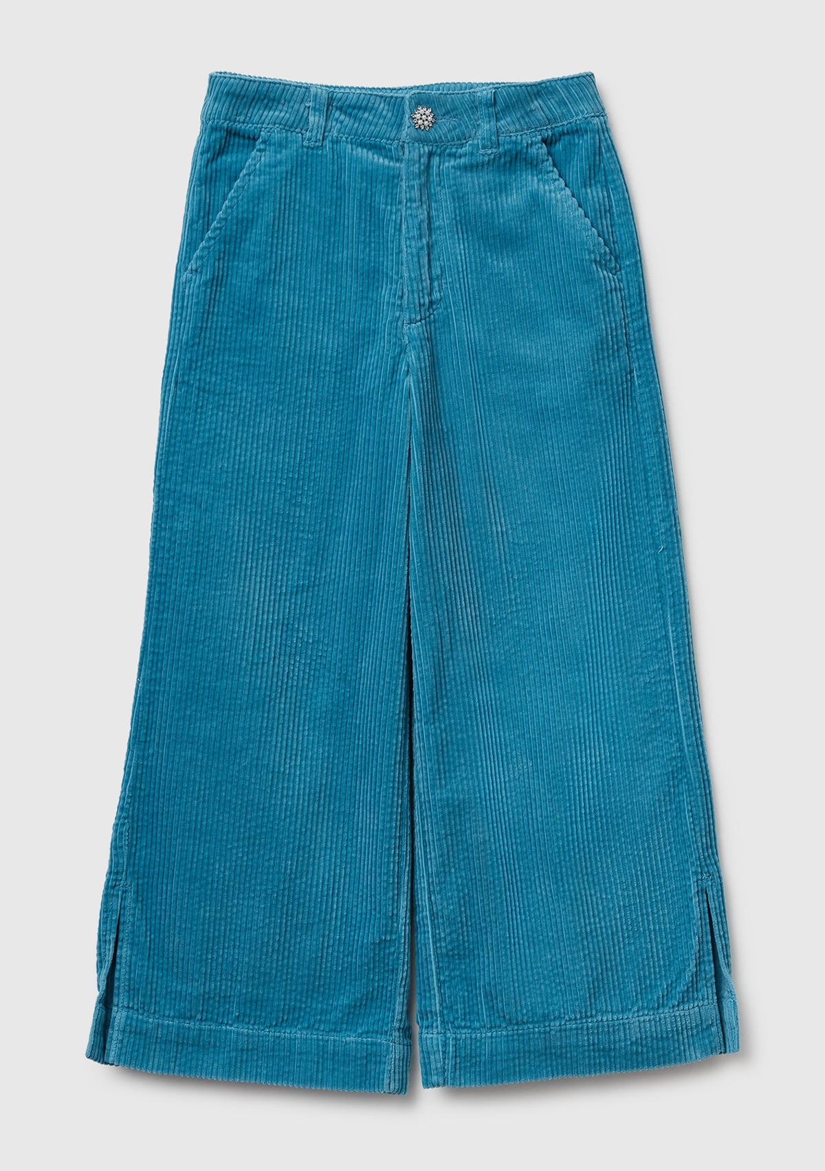 Kız Çocuk Petrol Mavisi Logo İşlemeli Yırtmaçlı Fermuarlı Düğmeli Wide Fit Pantolon