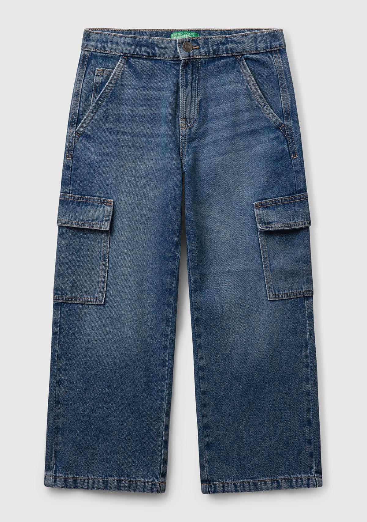 Erkek Çocuk Koyu Mavi Arka Cebi Logolu Cepli Beli Lastikli İpli Denim Pantolon