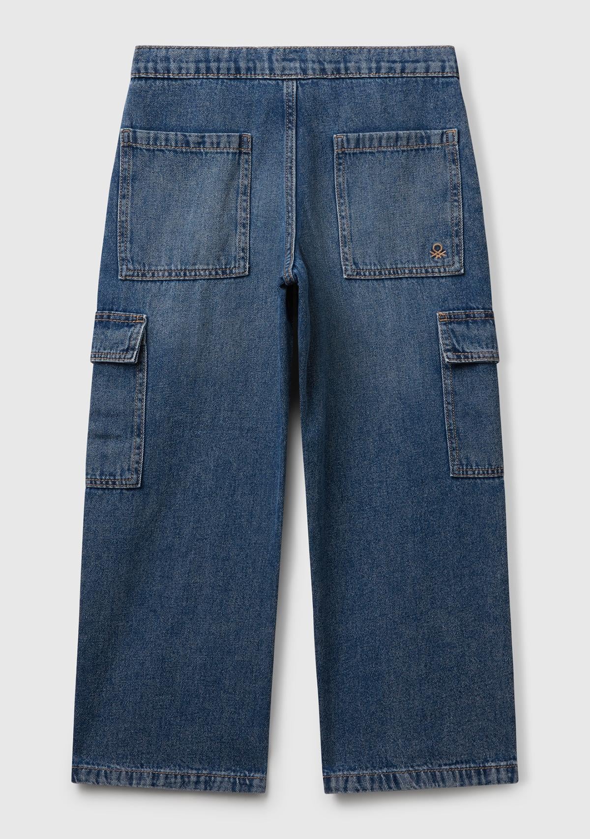Erkek Çocuk Koyu Mavi Arka Cebi Logolu Cepli Beli Lastikli İpli Denim Pantolon