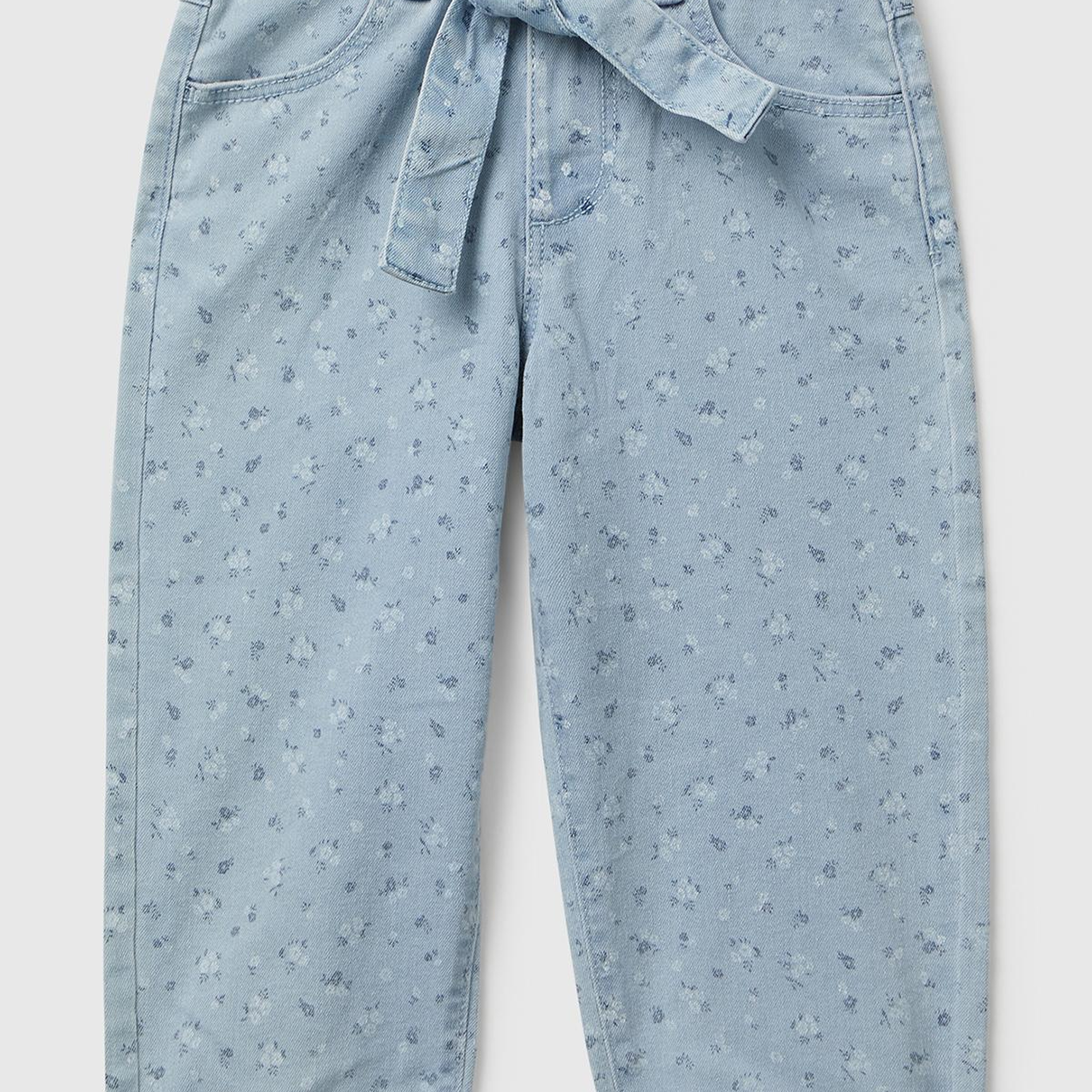 Kız Çocuk Açık Mavi Çiçek Desenli Beli Bağlamalı Paçası Kıvrık Denim Pantolon