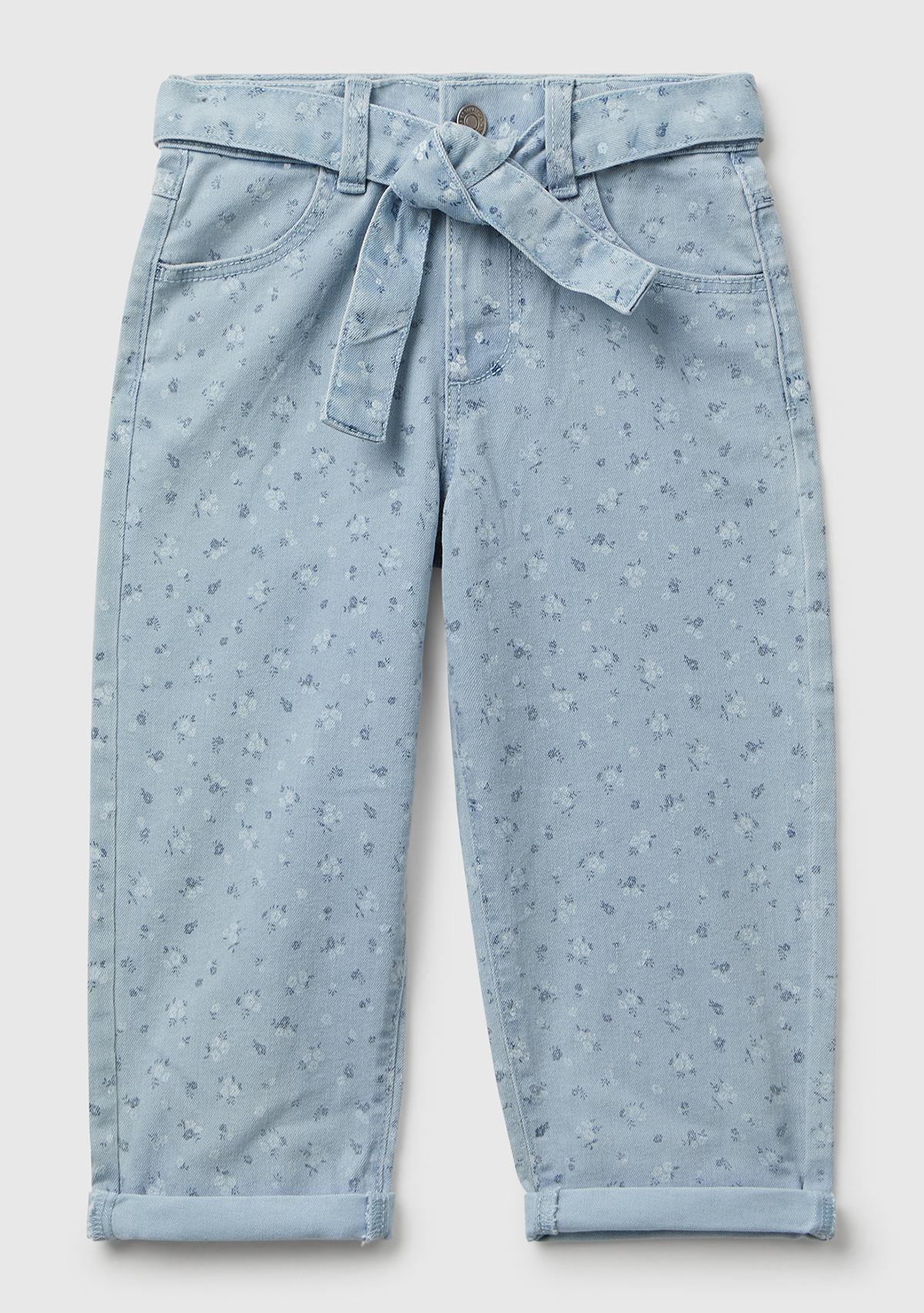 Kız Çocuk Açık Mavi Çiçek Desenli Beli Bağlamalı Paçası Kıvrık Denim Pantolon