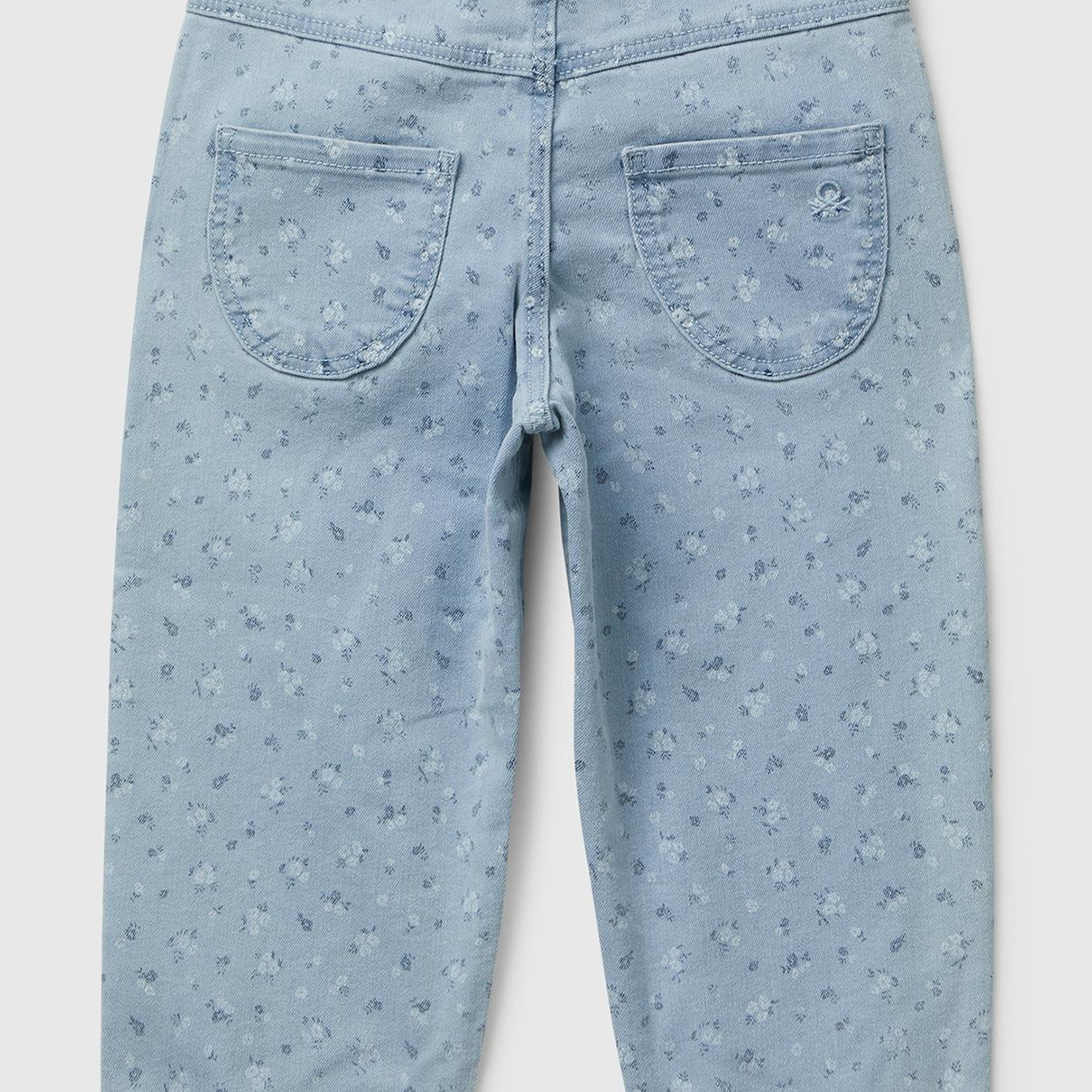 Kız Çocuk Açık Mavi Çiçek Desenli Beli Bağlamalı Paçası Kıvrık Denim Pantolon