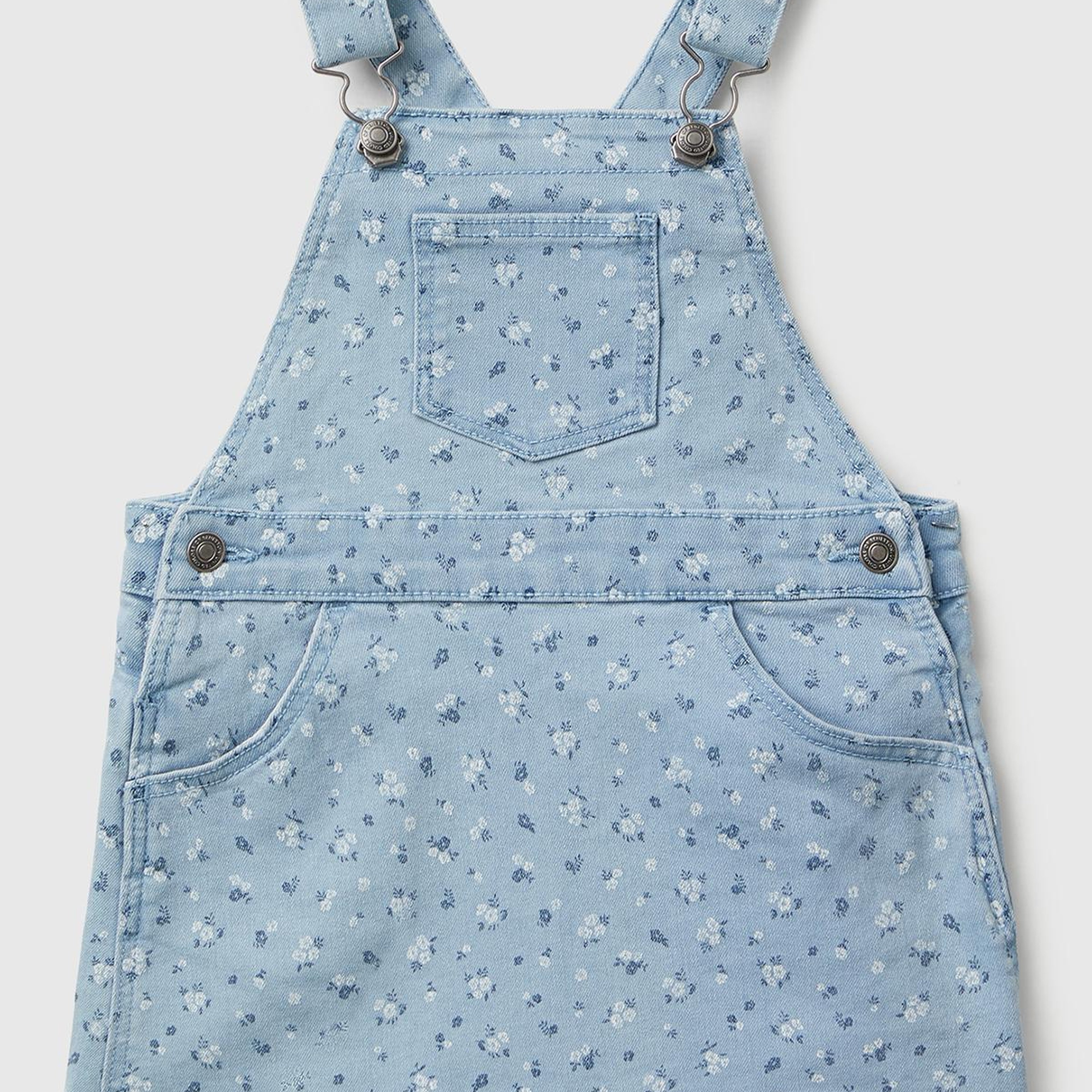Kız Çocuk Açık Mavi Tamamı Çiçek Desenli Ayarlanabilir Askılı Denim Tulum Elbise