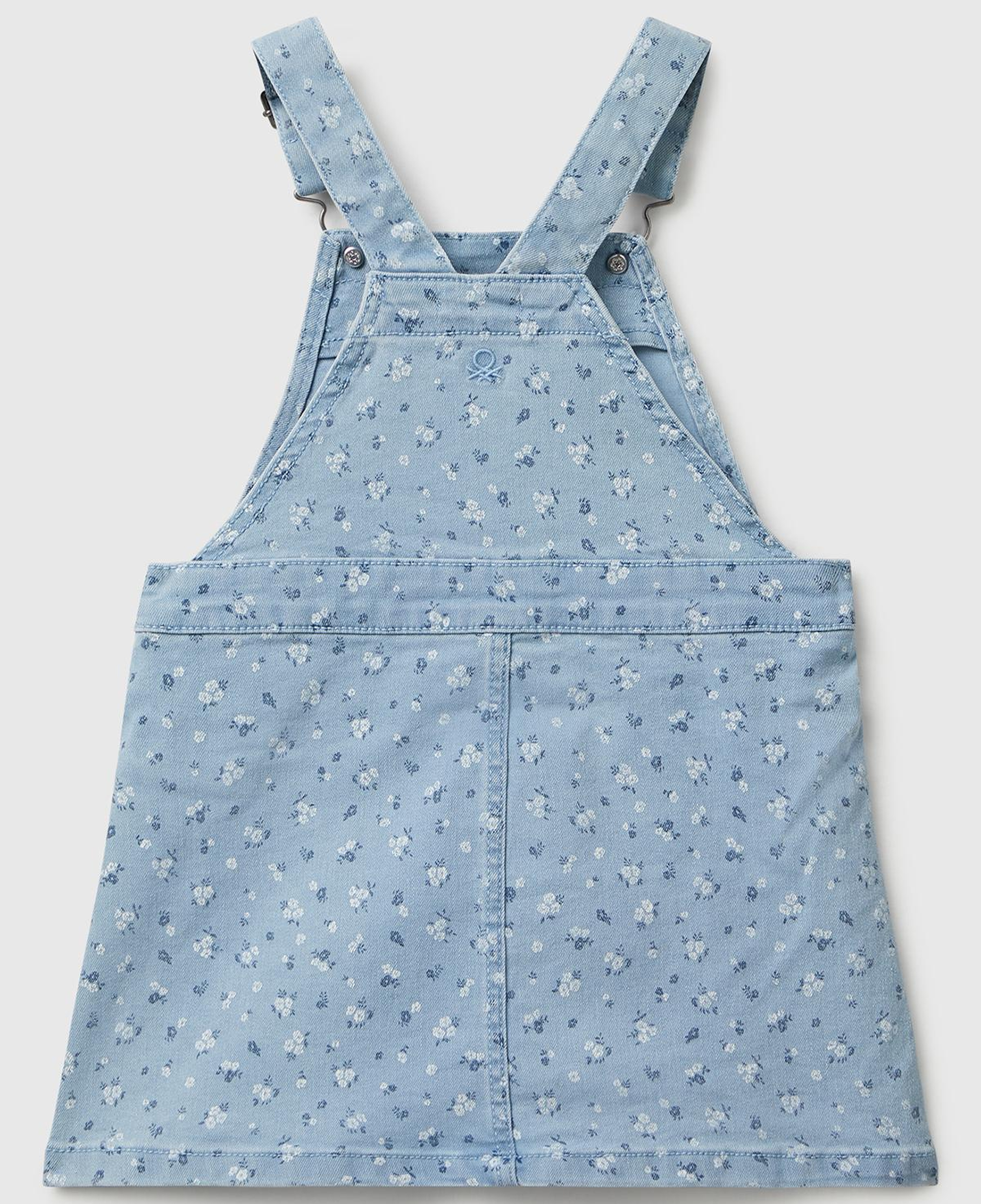 Kız Çocuk Açık Mavi Tamamı Çiçek Desenli Ayarlanabilir Askılı Denim Tulum Elbise