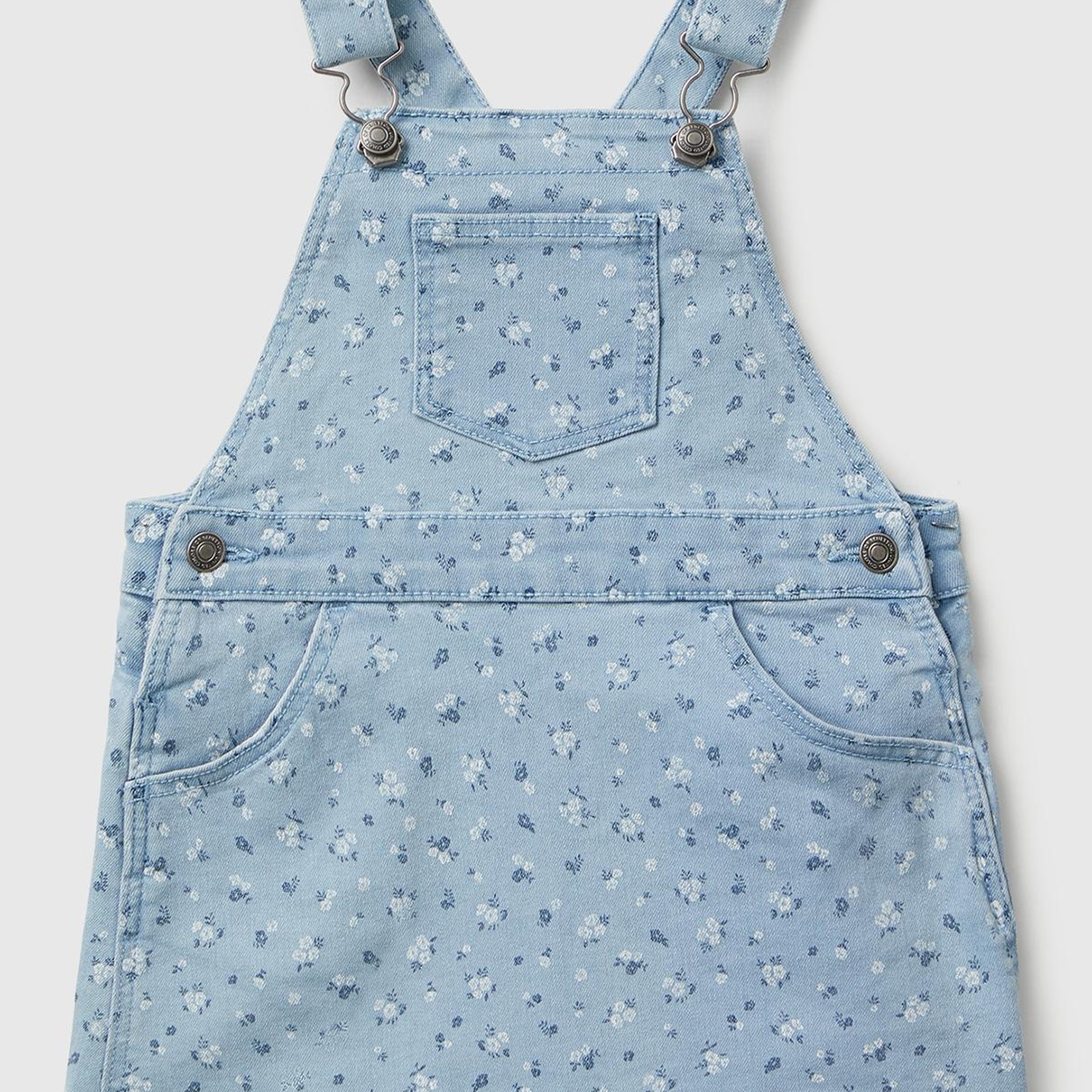Kız Çocuk Açık Mavi Tamamı Çiçek Desenli Ayarlanabilir Askılı Denim Tulum Elbise